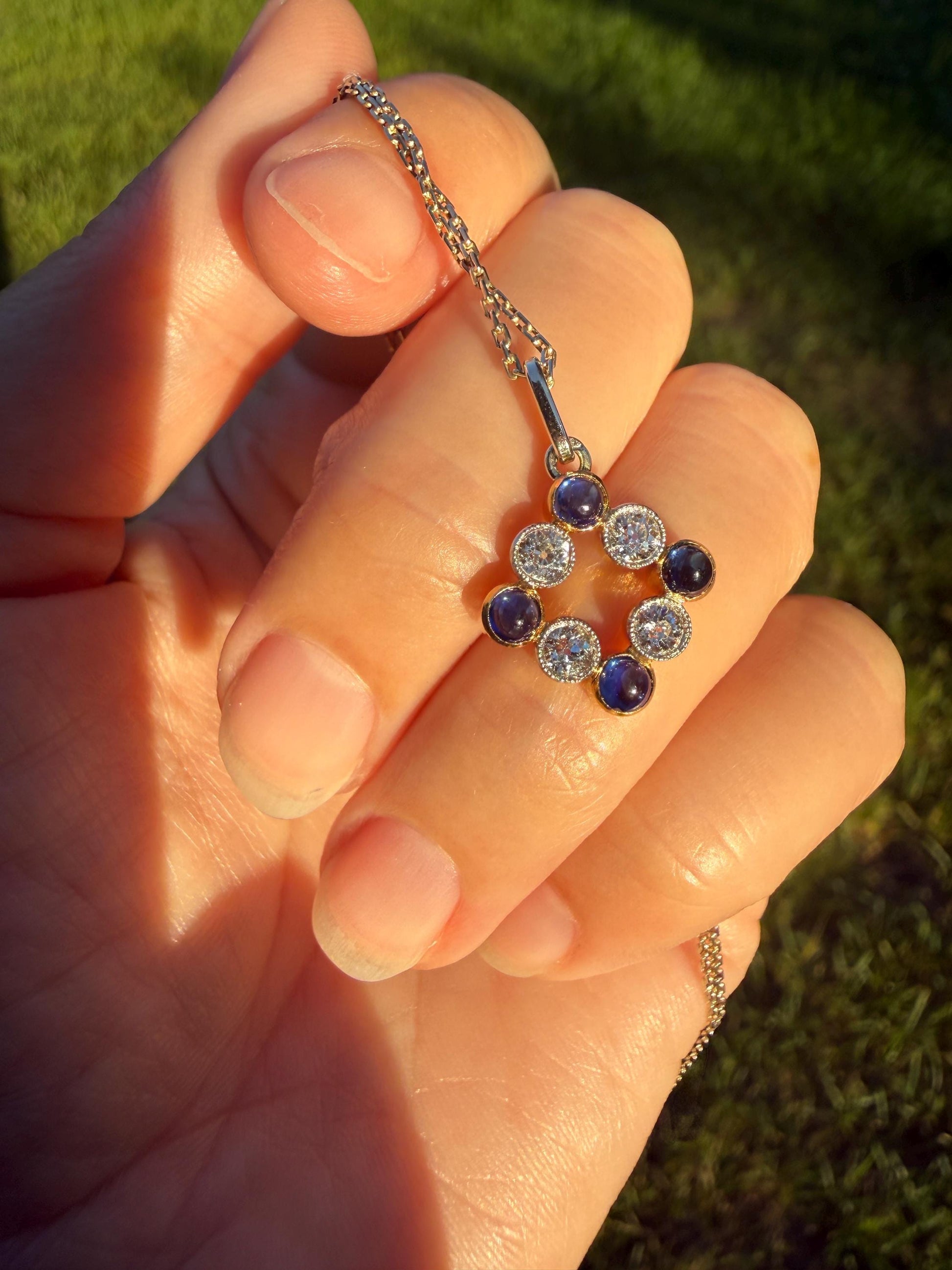Antique Natural Sapphire .8 Carat Old Mine Cut DIAMOND Pendant on Chain Necklace French Art Deco 18k Gold Platinum Geometric Glowing Blue