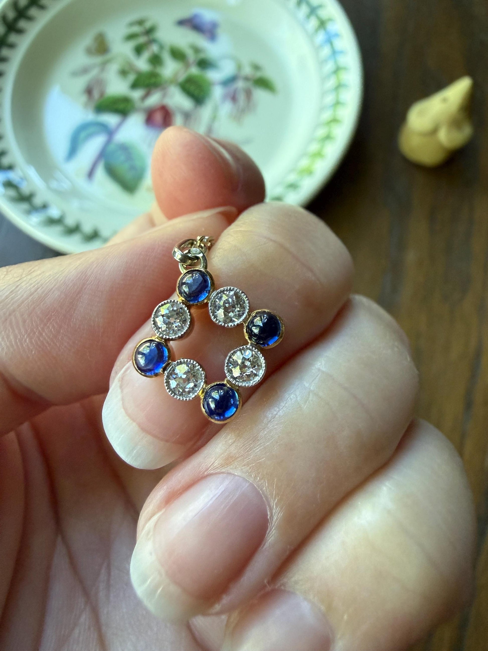 Antique Natural Sapphire .8 Carat Old Mine Cut DIAMOND Pendant on Chain Necklace French Art Deco 18k Gold Platinum Geometric Glowing Blue