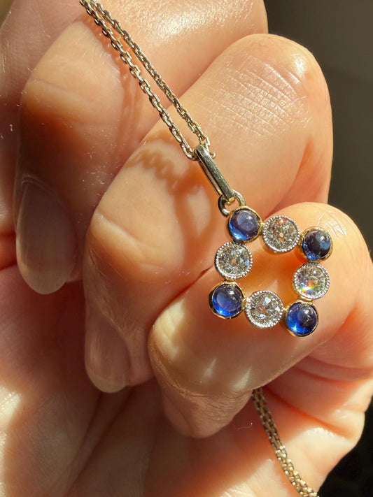 Antique Natural Sapphire .8 Carat Old Mine Cut DIAMOND Pendant on Chain Necklace French Art Deco 18k Gold Platinum Geometric Glowing Blue