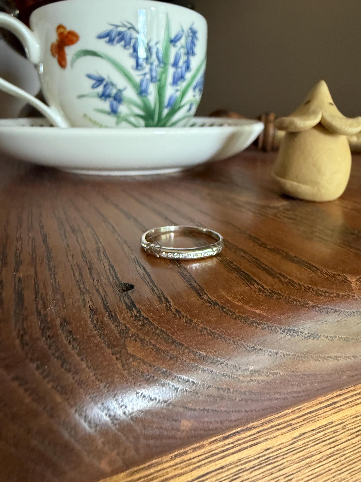 Antique Floral Skinniest Skinny Band Nine Stone Diamond Ring 14k White Gold Orange Blossom Forget Me Not Stacker Art Deco Wedding