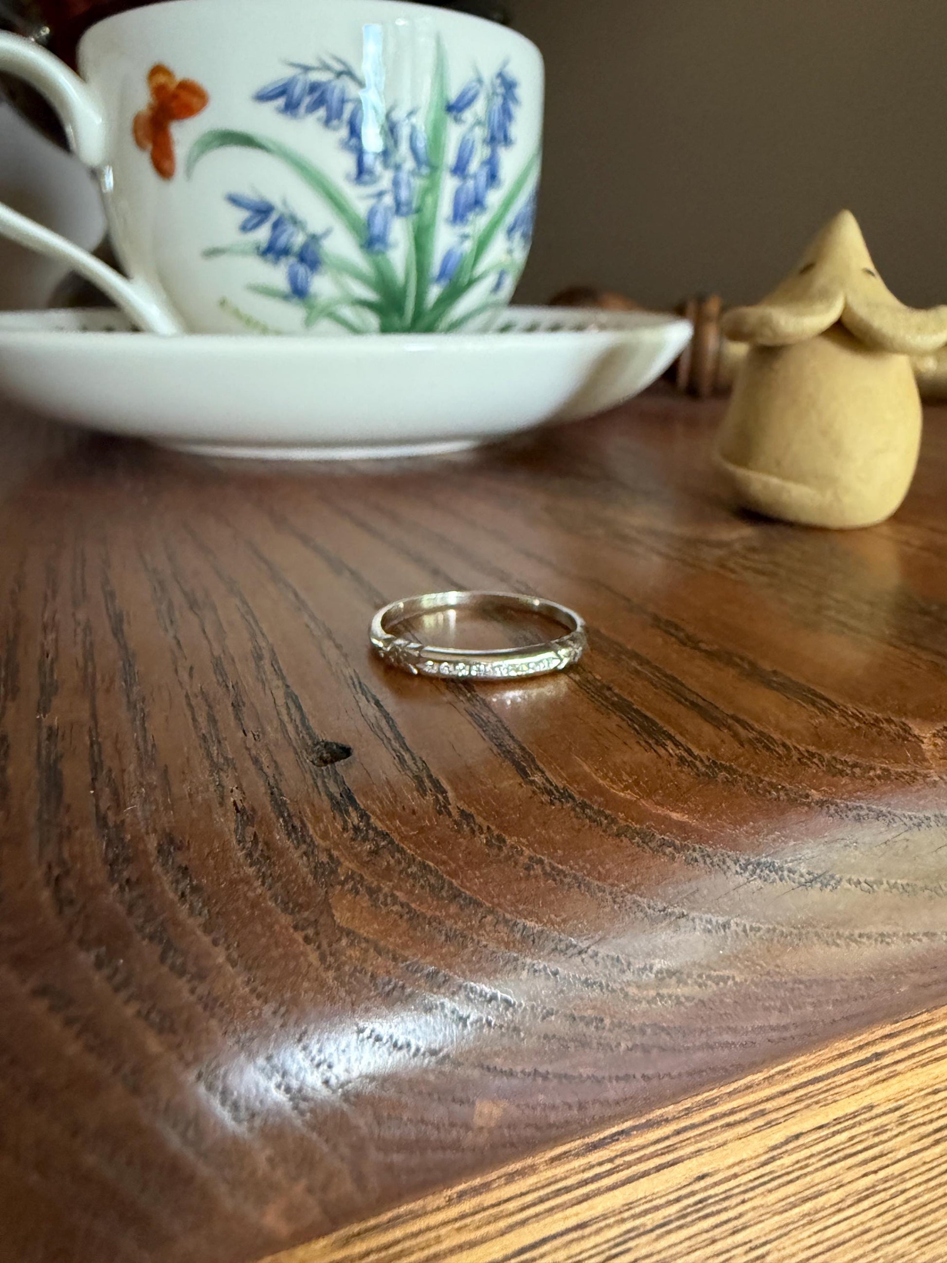 Antique Floral Skinniest Skinny Band Nine Stone Diamond Ring 14k White Gold Orange Blossom Forget Me Not Stacker Art Deco Wedding