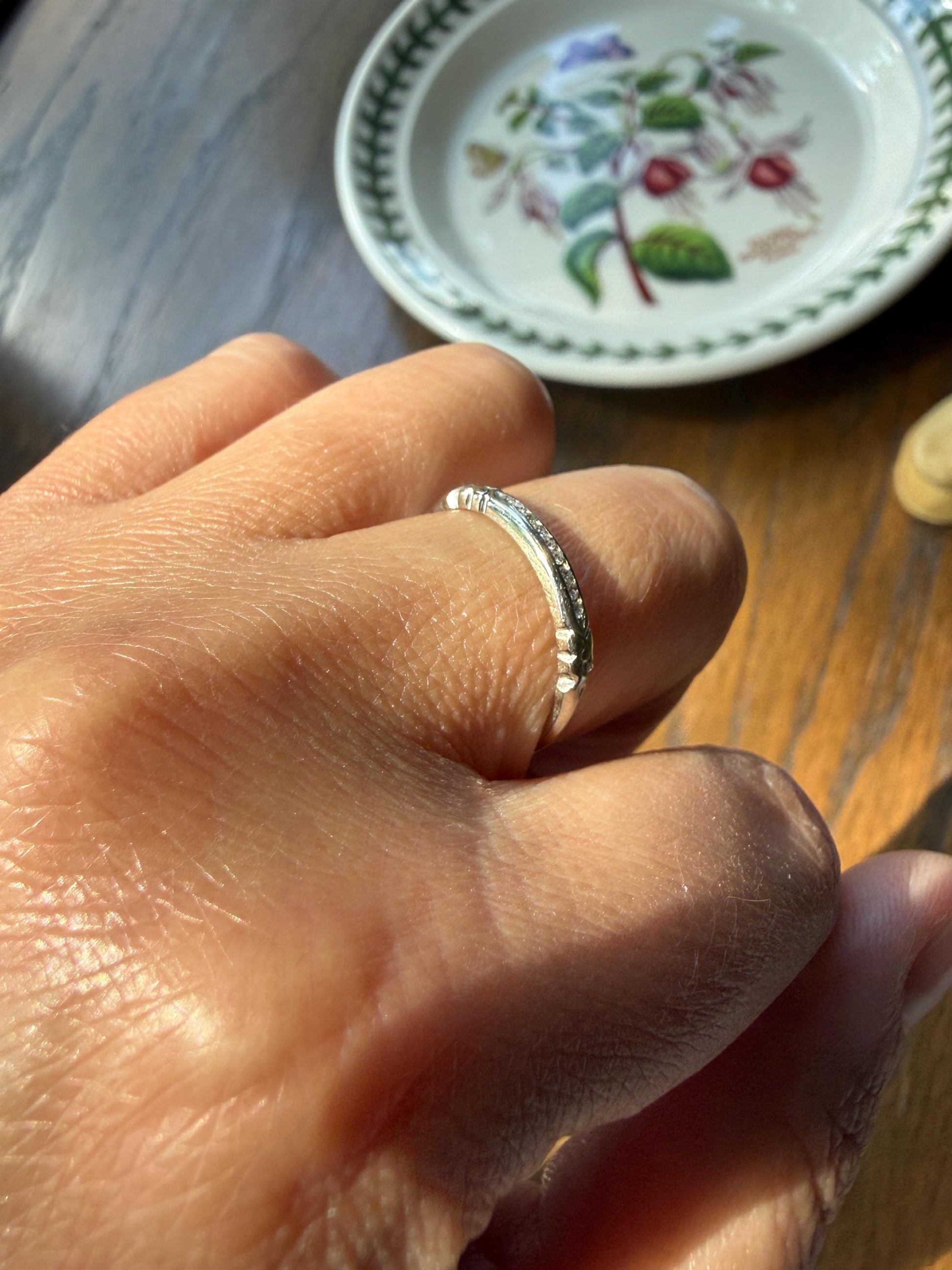 Antique Floral Skinniest Skinny Band Nine Stone Diamond Ring 14k White Gold Orange Blossom Forget Me Not Stacker Art Deco Wedding