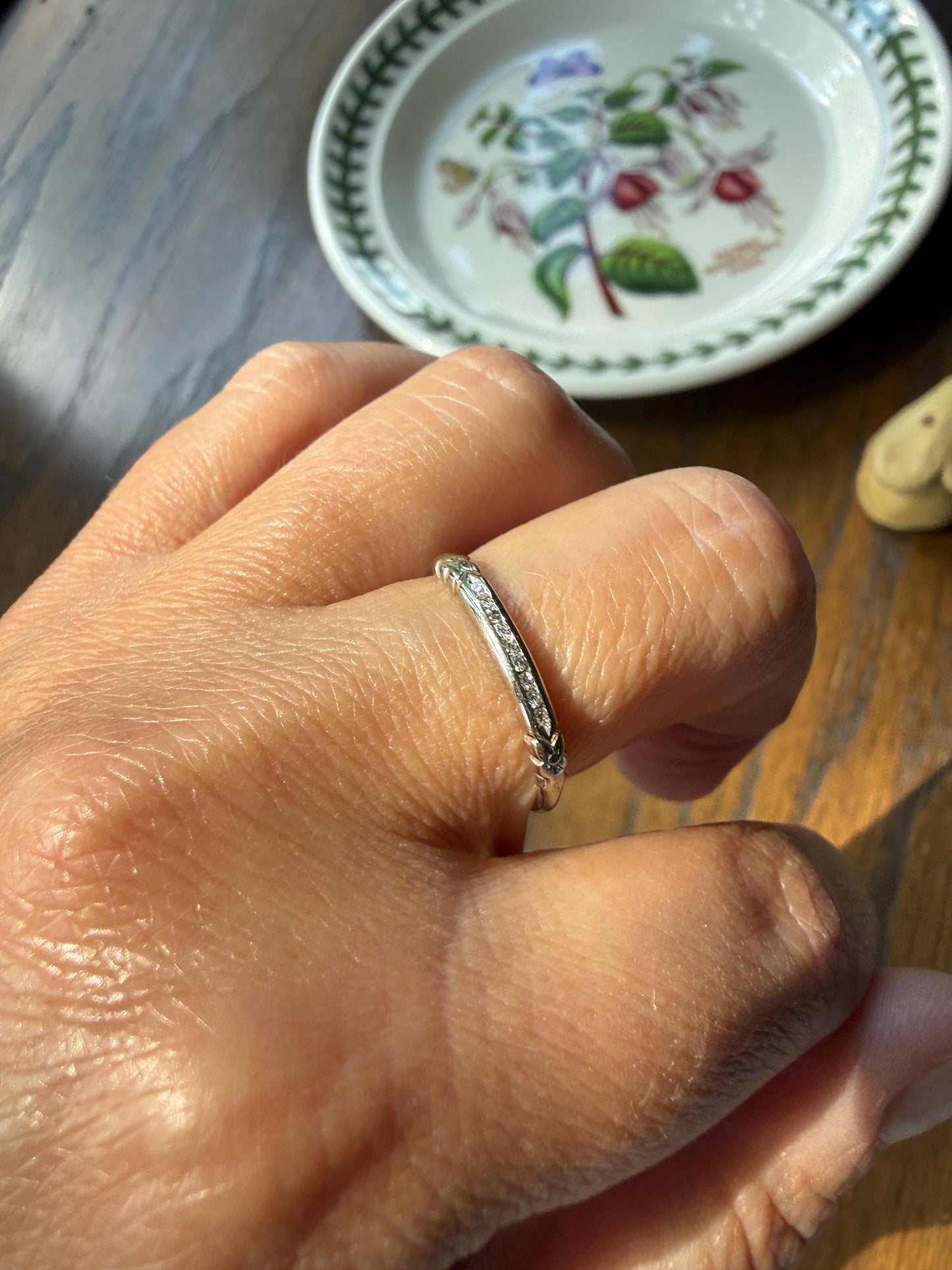 Antique Floral Skinniest Skinny Band Nine Stone Diamond Ring 14k White Gold Orange Blossom Forget Me Not Stacker Art Deco Wedding