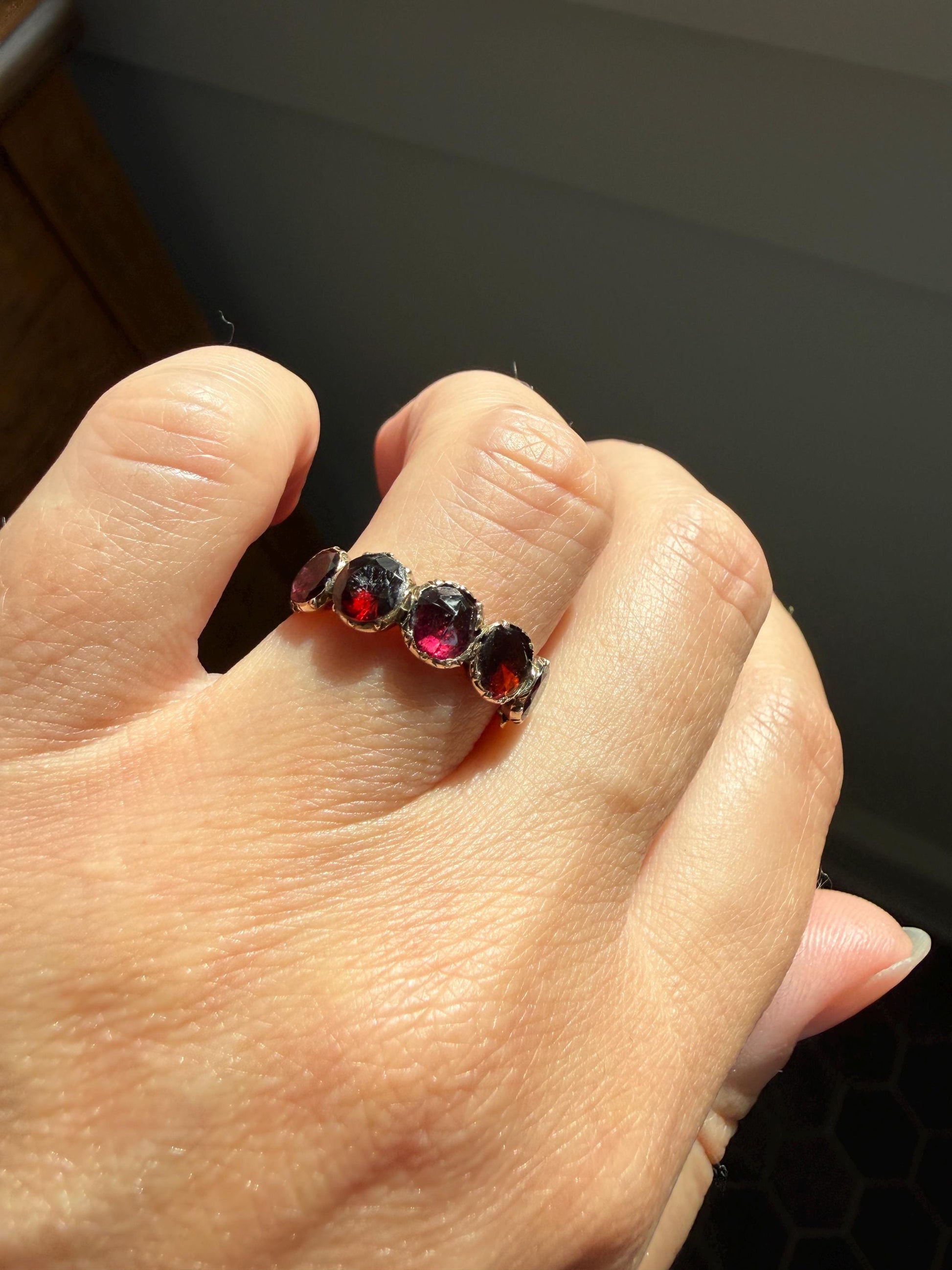 Antique Flat Rose Cut Garnet Red Purple Five Stone Ring 12k Gold Collet Half Hoop Skinny Band Stacker Victorian to Georgian Era 1800s