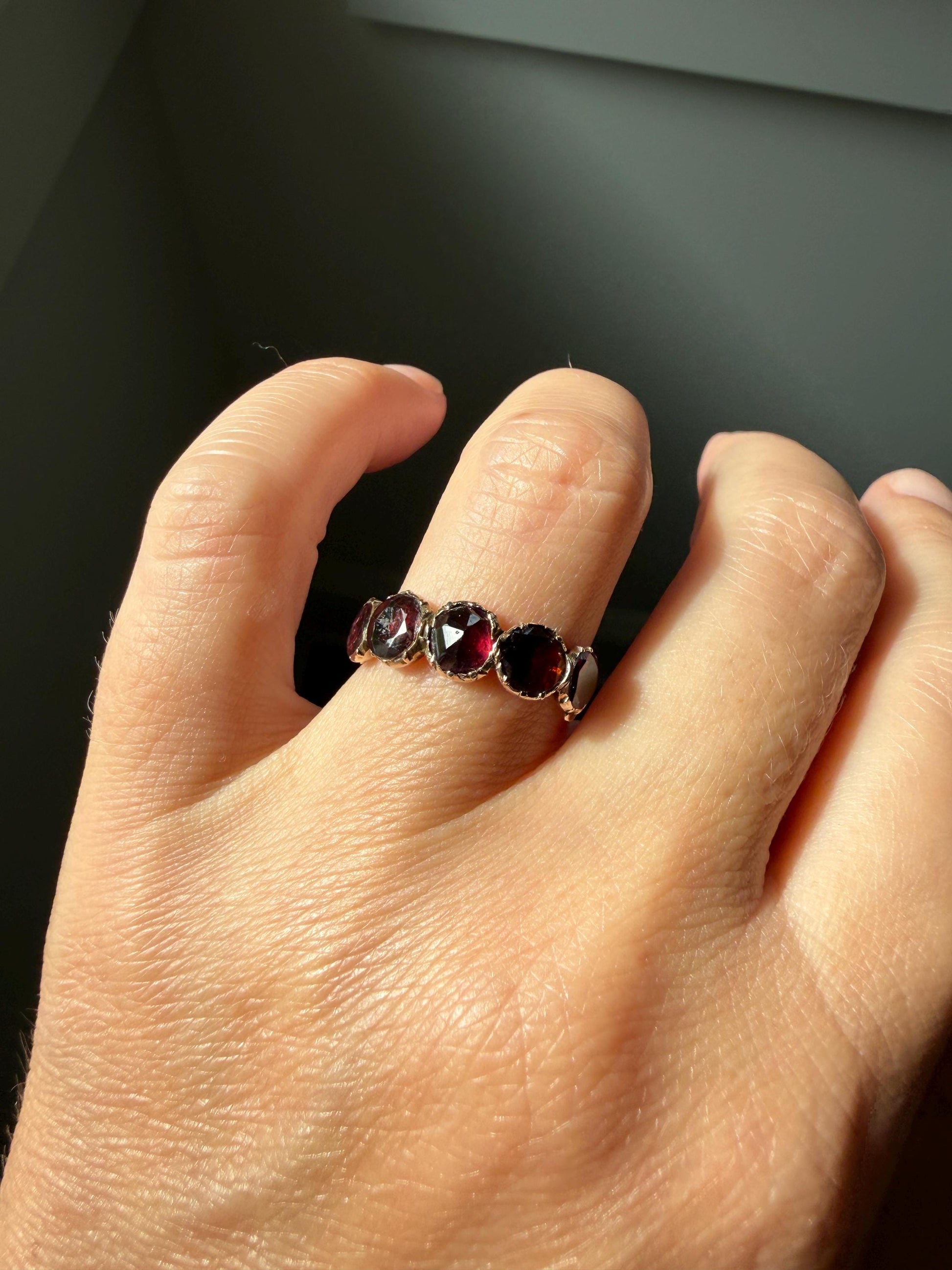 Antique Flat Rose Cut Garnet Red Purple Five Stone Ring 12k Gold Collet Half Hoop Skinny Band Stacker Victorian to Georgian Era 1800s