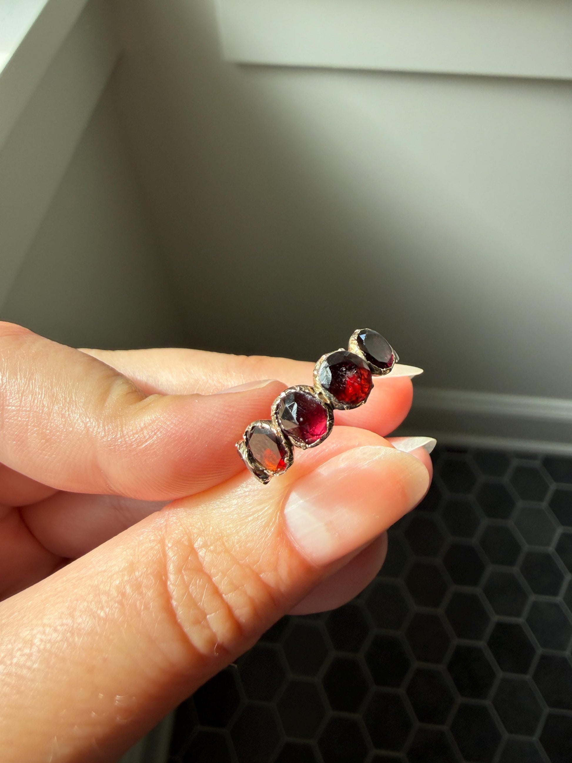 Antique Flat Rose Cut Garnet Red Purple Five Stone Ring 12k Gold Collet Half Hoop Skinny Band Stacker Victorian to Georgian Era 1800s
