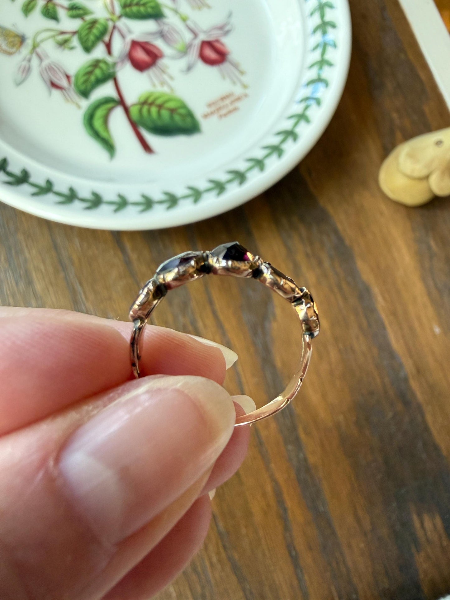 Antique Flat Rose Cut Garnet Red Purple Five Stone Ring 12k Gold Collet Half Hoop Skinny Band Stacker Victorian to Georgian Era 1800s