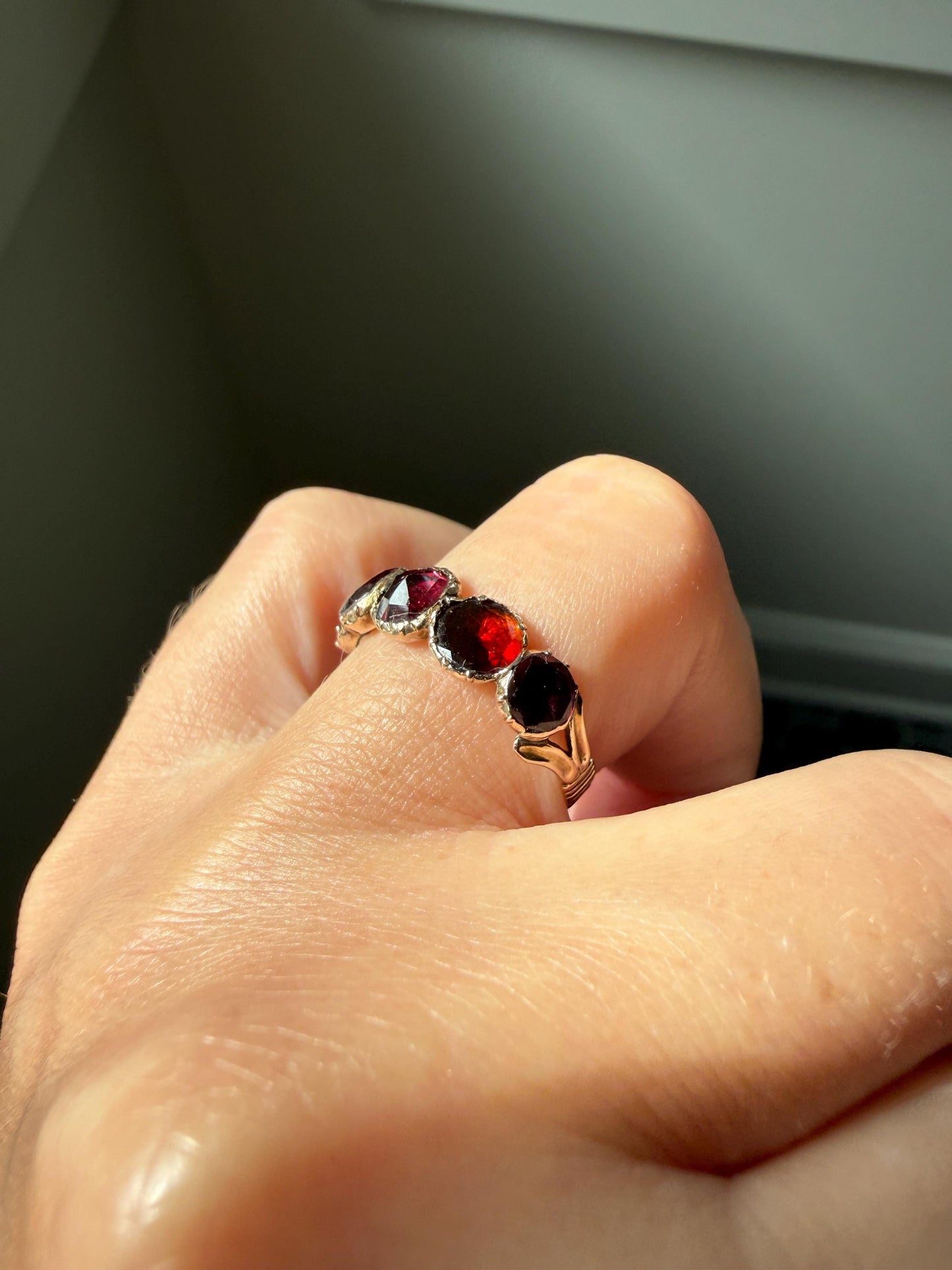 Antique Flat Rose Cut Garnet Red Purple Five Stone Ring 12k Gold Collet Half Hoop Skinny Band Stacker Victorian to Georgian Era 1800s