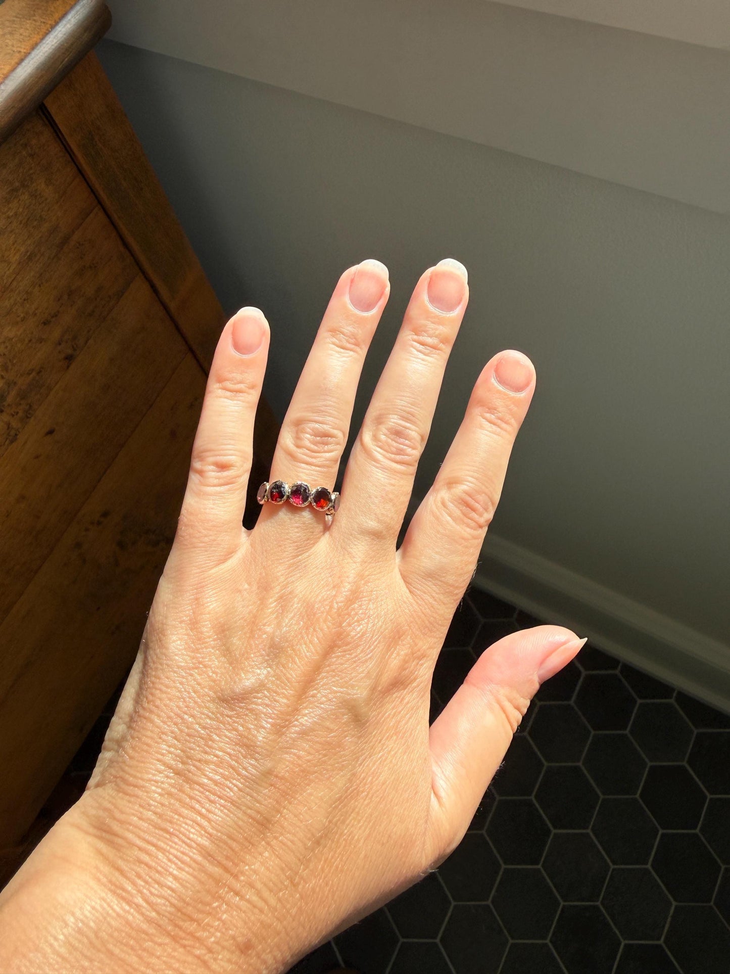 Antique Flat Rose Cut Garnet Red Purple Five Stone Ring 12k Gold Collet Half Hoop Skinny Band Stacker Victorian to Georgian Era 1800s