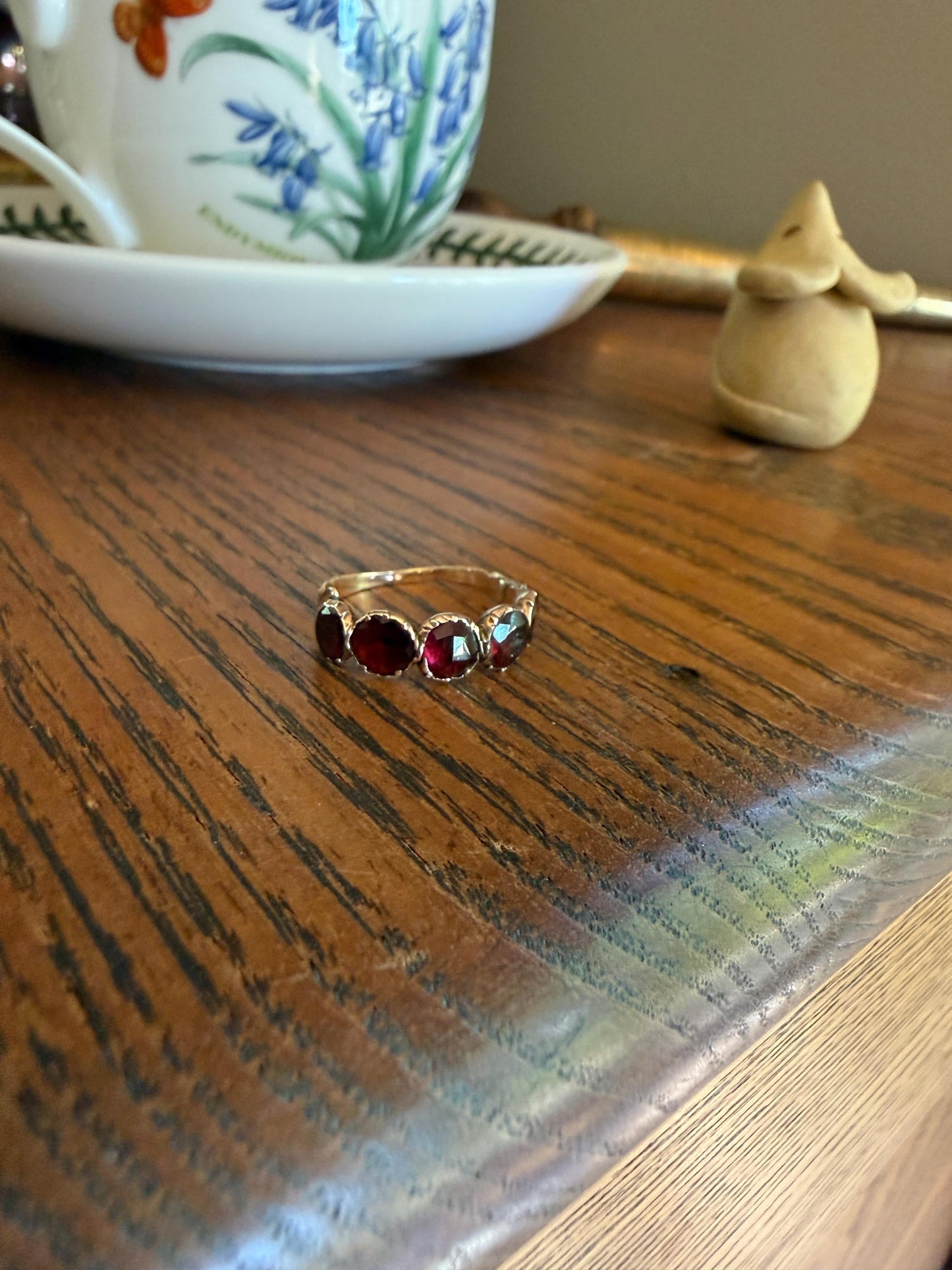 Antique Flat Rose Cut Garnet Red Purple Five Stone Ring 12k Gold Collet Half Hoop Skinny Band Stacker Victorian to Georgian Era 1800s