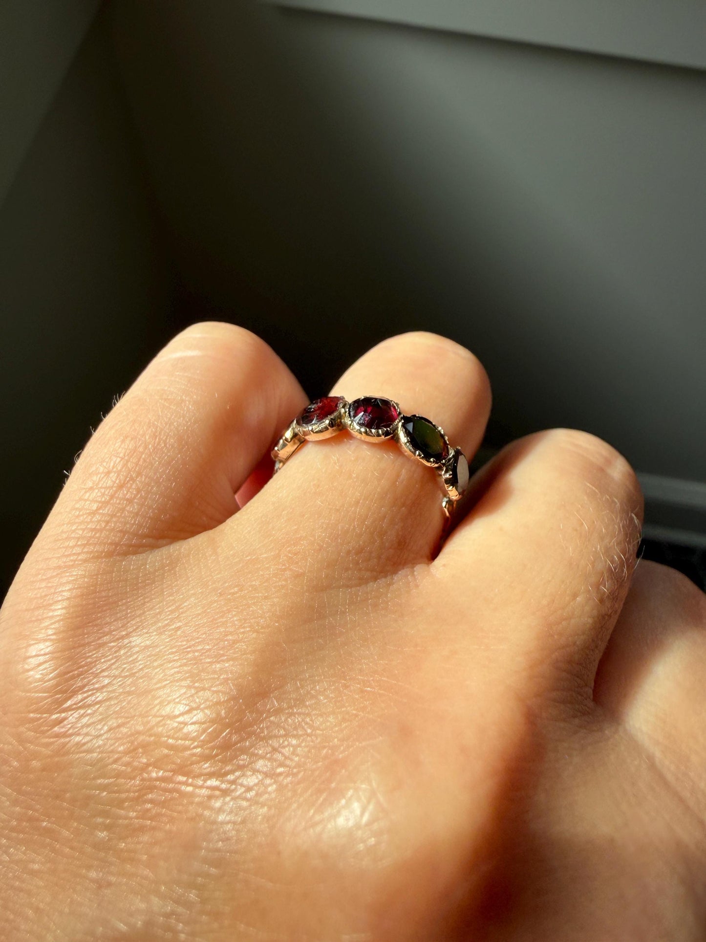 Antique Flat Rose Cut Garnet Red Purple Five Stone Ring 12k Gold Collet Half Hoop Skinny Band Stacker Victorian to Georgian Era 1800s
