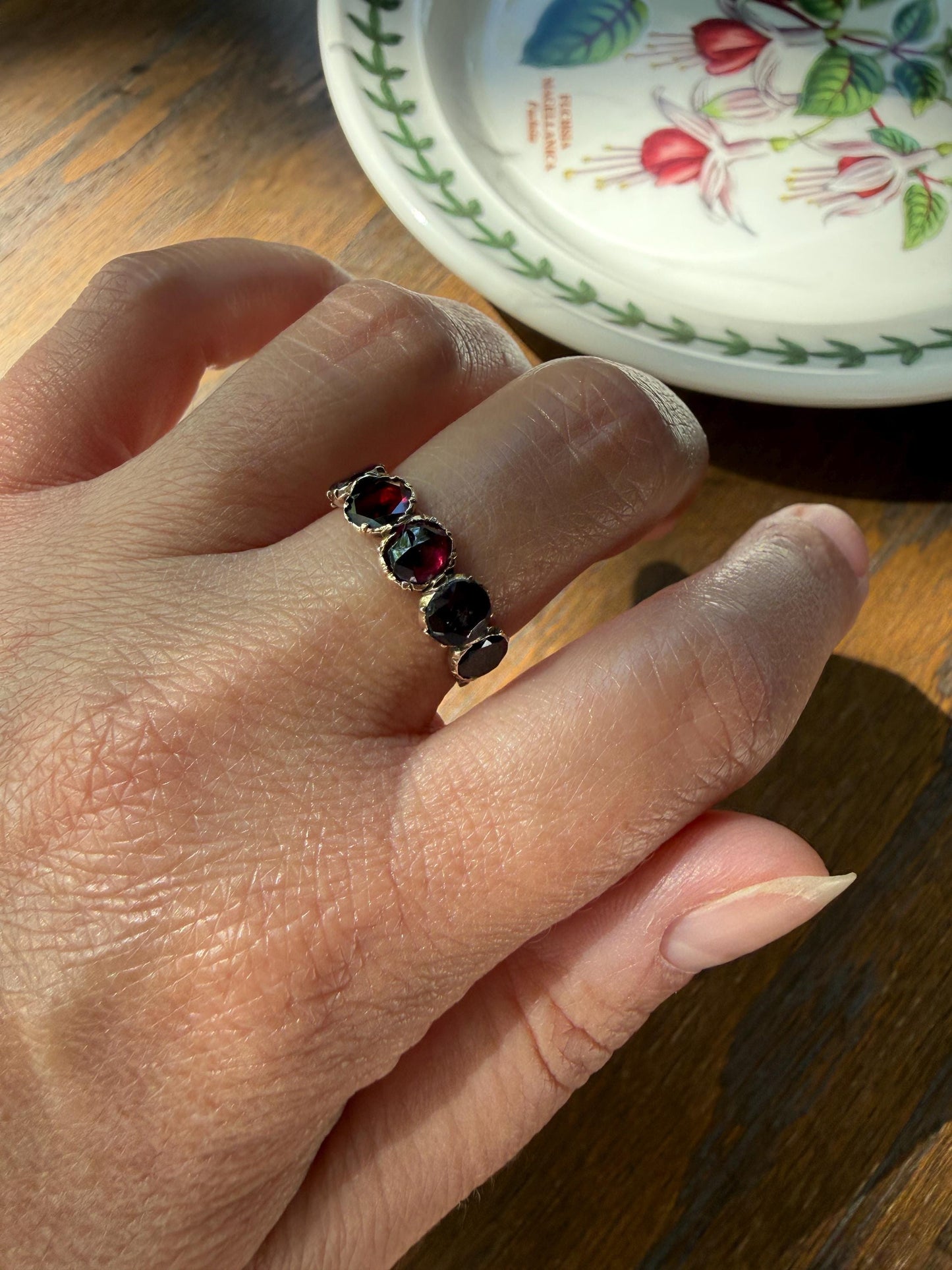 Antique Flat Rose Cut Garnet Red Purple Five Stone Ring 12k Gold Collet Half Hoop Skinny Band Stacker Victorian to Georgian Era 1800s