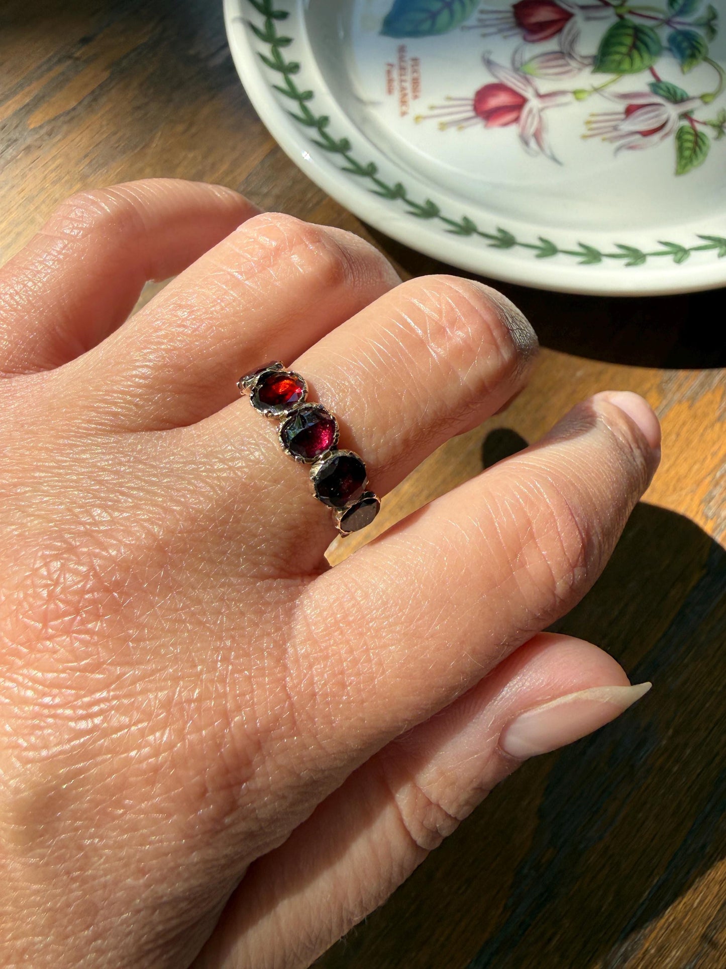 Antique Flat Rose Cut Garnet Red Purple Five Stone Ring 12k Gold Collet Half Hoop Skinny Band Stacker Victorian to Georgian Era 1800s
