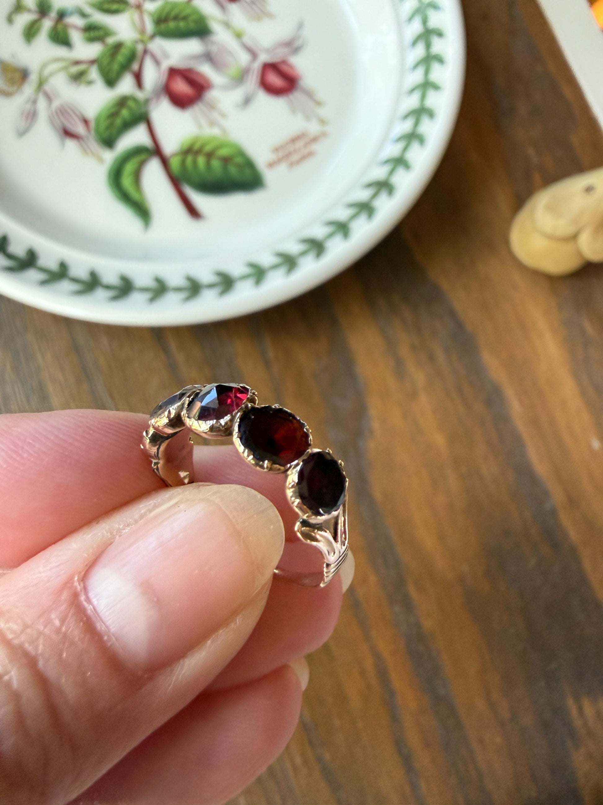 Antique Flat Rose Cut Garnet Red Purple Five Stone Ring 12k Gold Collet Half Hoop Skinny Band Stacker Victorian to Georgian Era 1800s