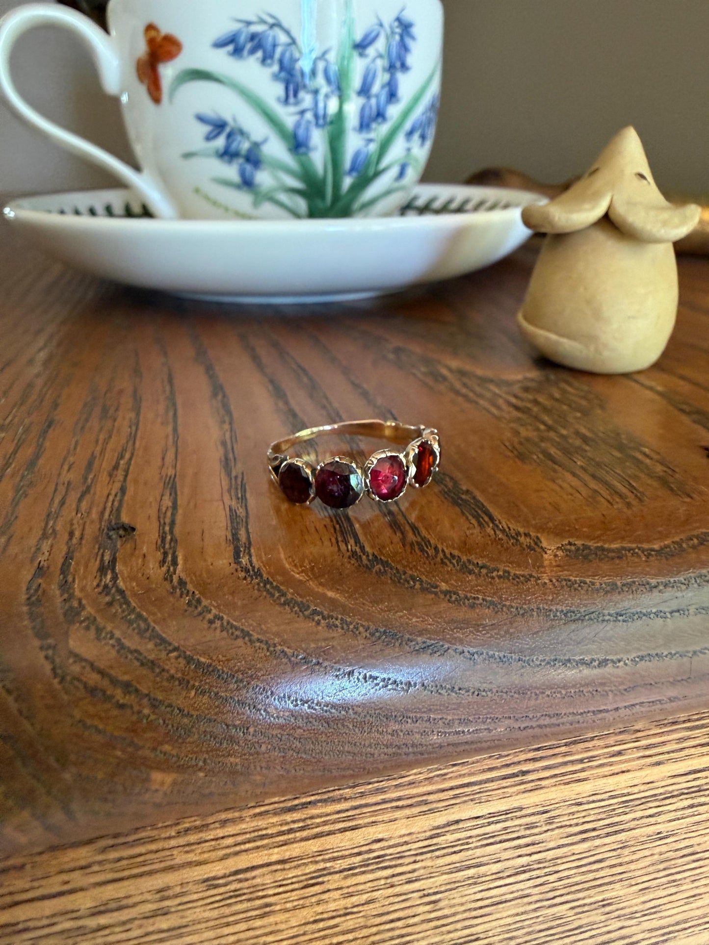 Antique Flat Rose Cut Garnet Red Purple Five Stone Ring 12k Gold Collet Half Hoop Skinny Band Stacker Victorian to Georgian Era 1800s