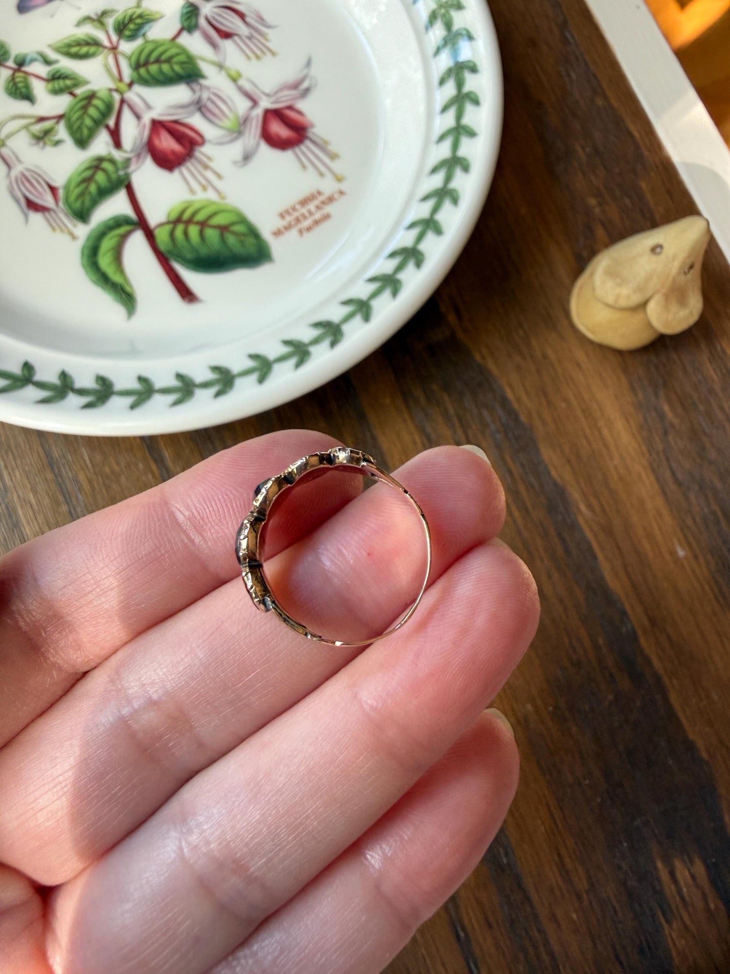 Antique Flat Rose Cut Garnet Red Purple Five Stone Ring 12k Gold Collet Half Hoop Skinny Band Stacker Victorian to Georgian Era 1800s