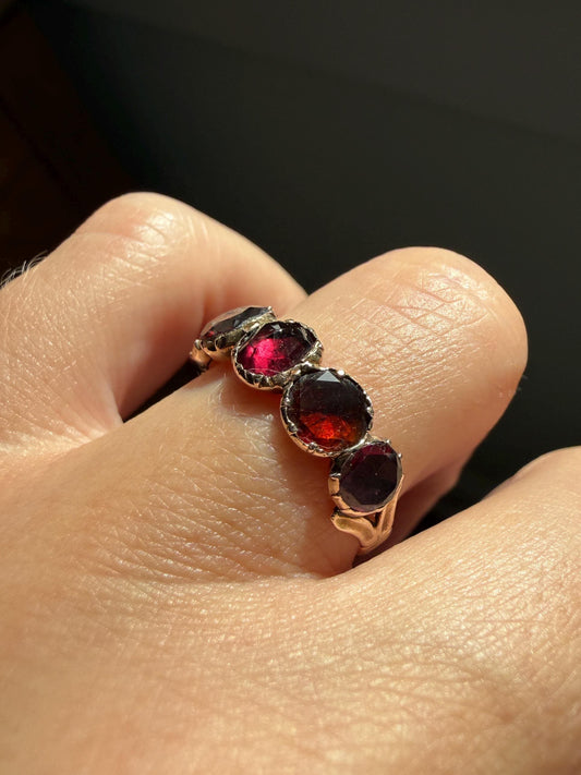 Antique Flat Rose Cut Garnet Red Purple Five Stone Ring 12k Gold Collet Half Hoop Skinny Band Stacker Victorian to Georgian Era 1800s