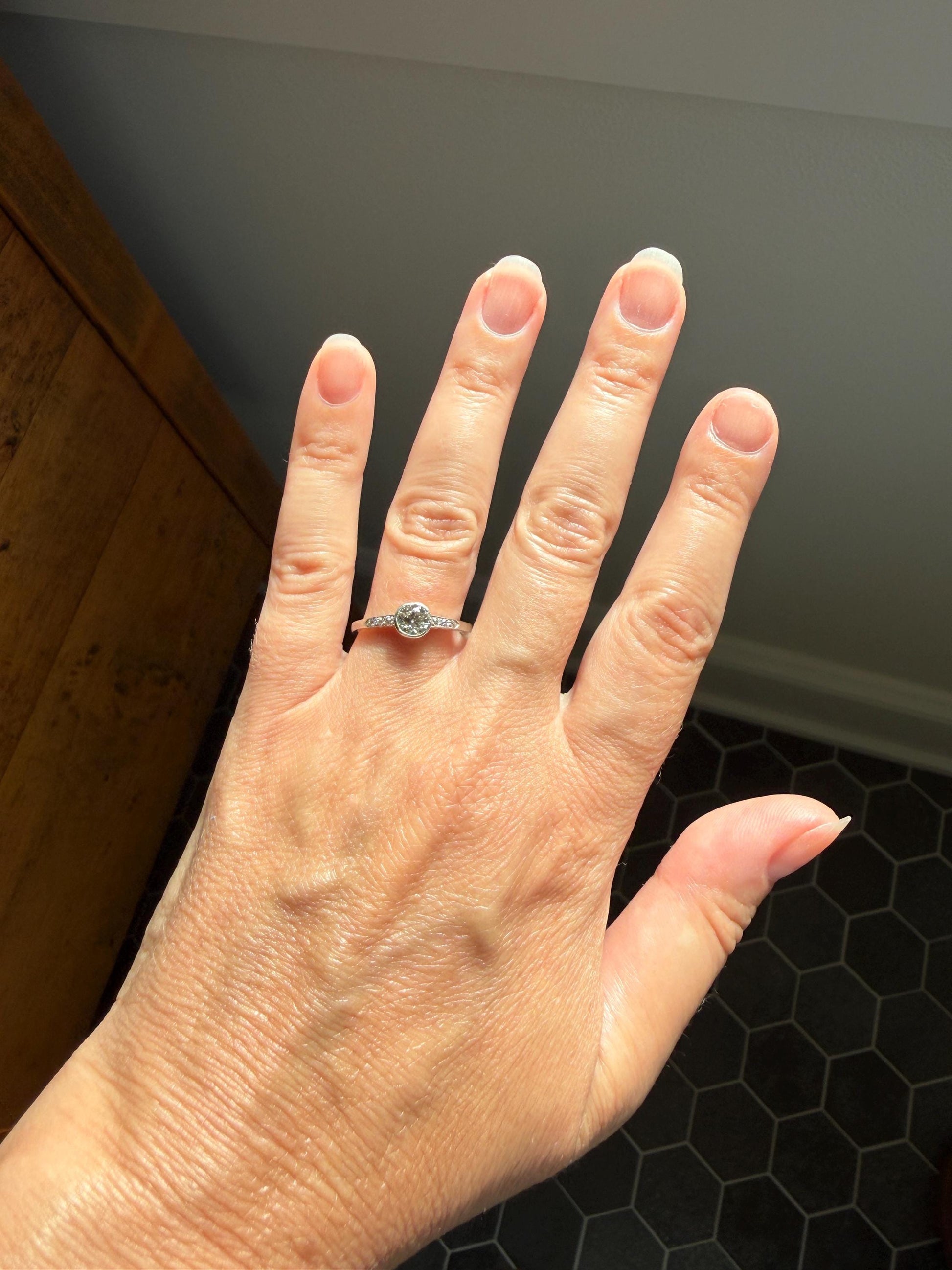 Antique Engraved Old Mine Cut DIAMOND .7 Carat Seven Stone PLATINUM Solitaire with Accents Bezel Set Diamond Band Engagement Ring Stacker