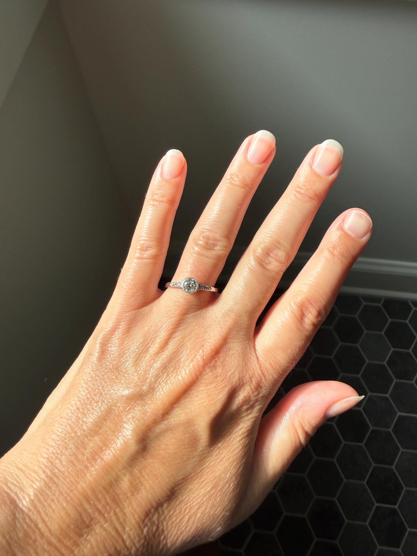 Antique Engraved Old Mine Cut DIAMOND .7 Carat Seven Stone PLATINUM Solitaire with Accents Bezel Set Diamond Band Engagement Ring Stacker