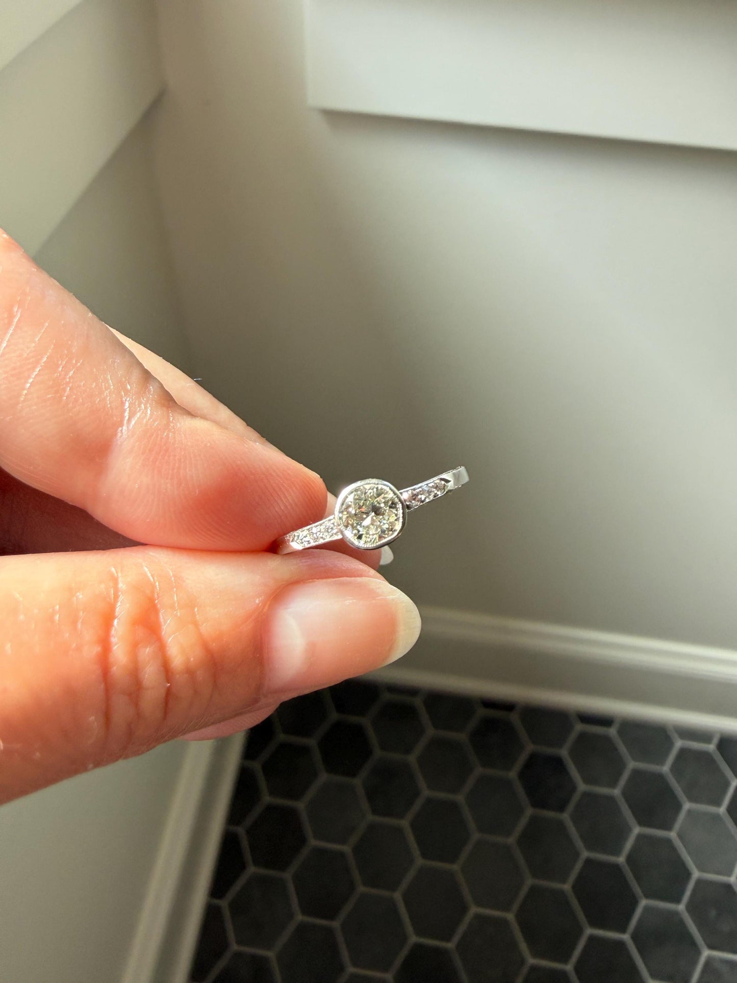 Antique Engraved Old Mine Cut DIAMOND .7 Carat Seven Stone PLATINUM Solitaire with Accents Bezel Set Diamond Band Engagement Ring Stacker