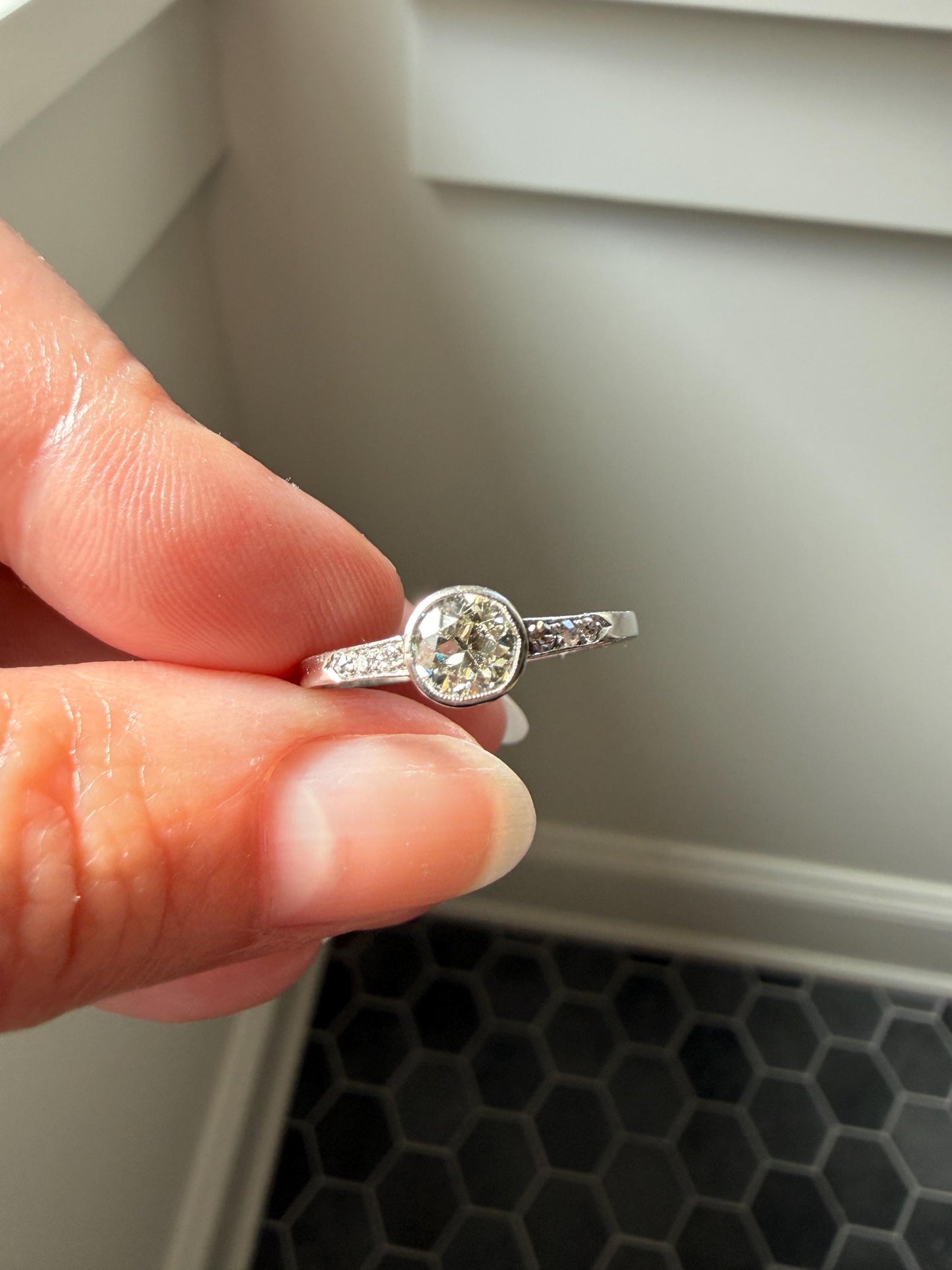 Antique Engraved Old Mine Cut DIAMOND .7 Carat Seven Stone PLATINUM Solitaire with Accents Bezel Set Diamond Band Engagement Ring Stacker