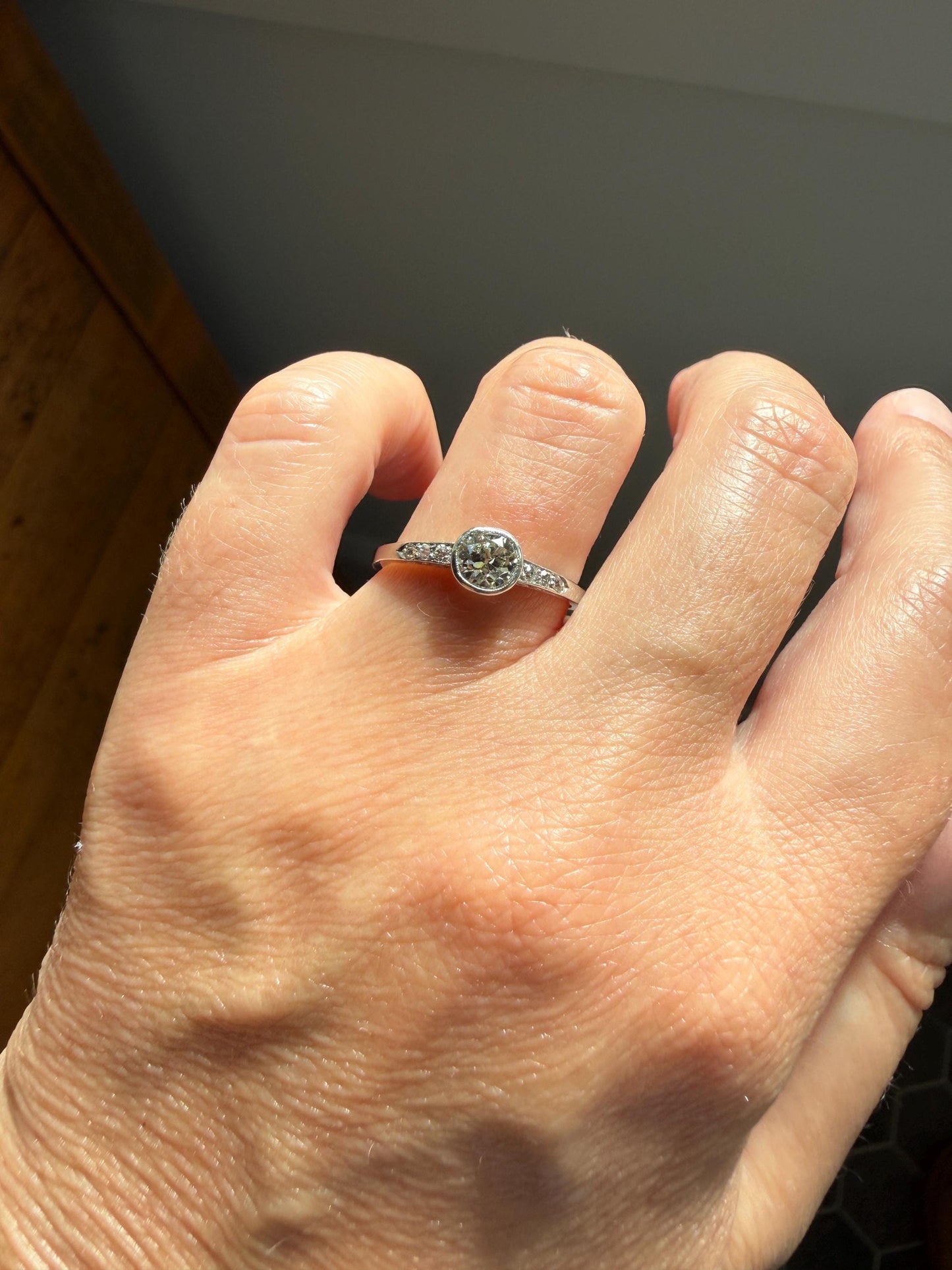 Antique Engraved Old Mine Cut DIAMOND .7 Carat Seven Stone PLATINUM Solitaire with Accents Bezel Set Diamond Band Engagement Ring Stacker