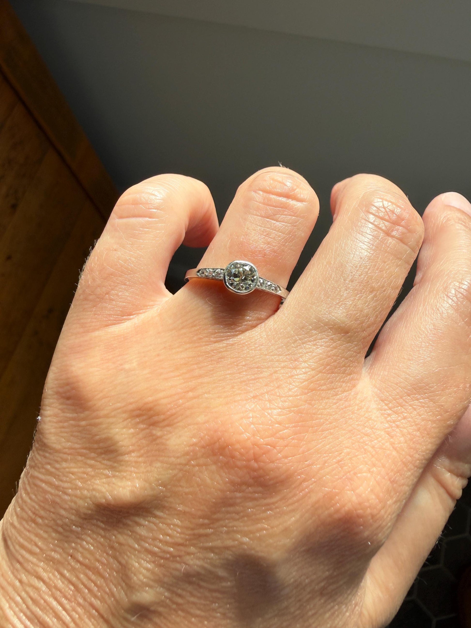 Antique Engraved Old Mine Cut DIAMOND .7 Carat Seven Stone PLATINUM Solitaire with Accents Bezel Set Diamond Band Engagement Ring Stacker