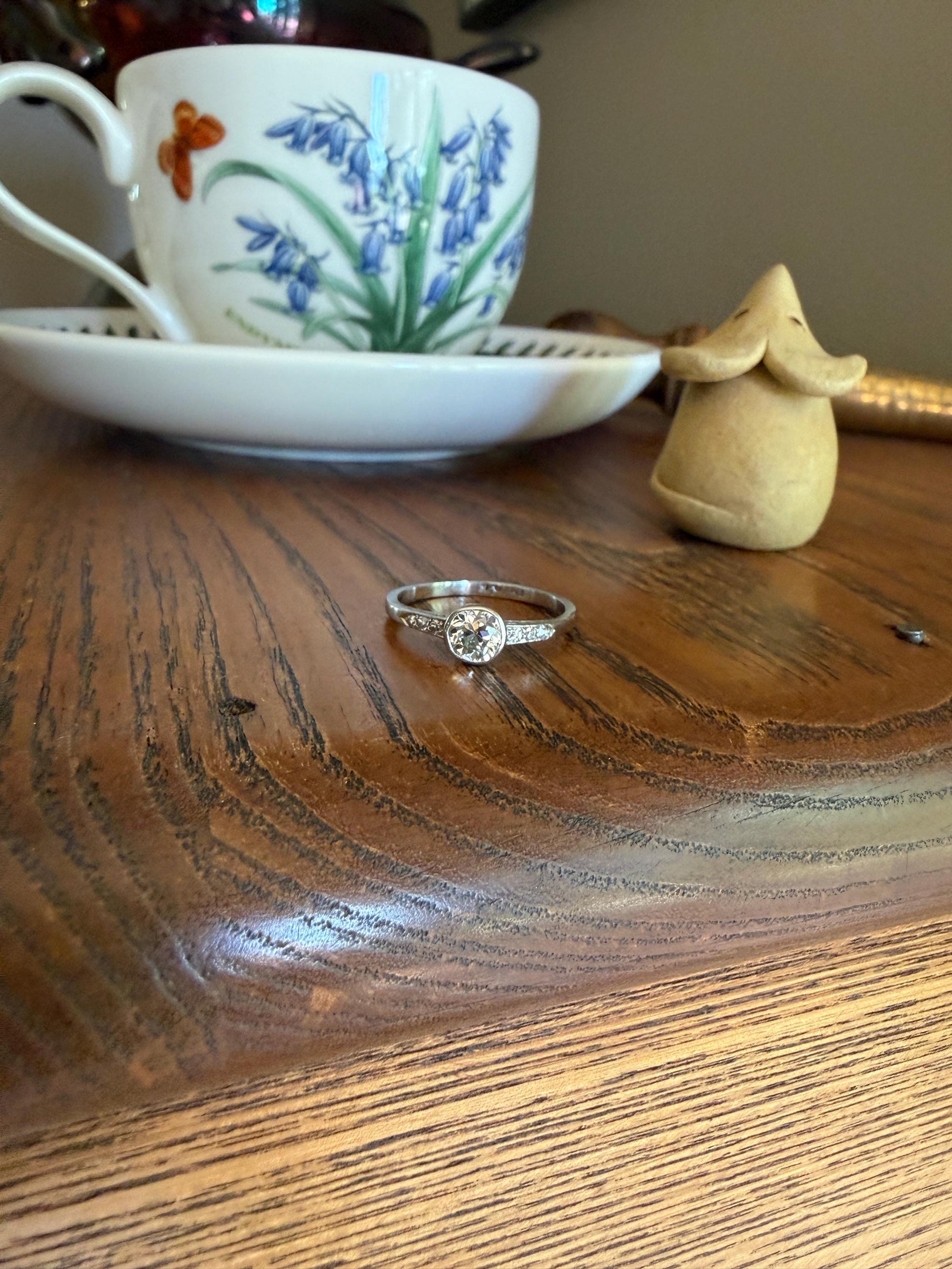 Antique Engraved Old Mine Cut DIAMOND .7 Carat Seven Stone PLATINUM Solitaire with Accents Bezel Set Diamond Band Engagement Ring Stacker