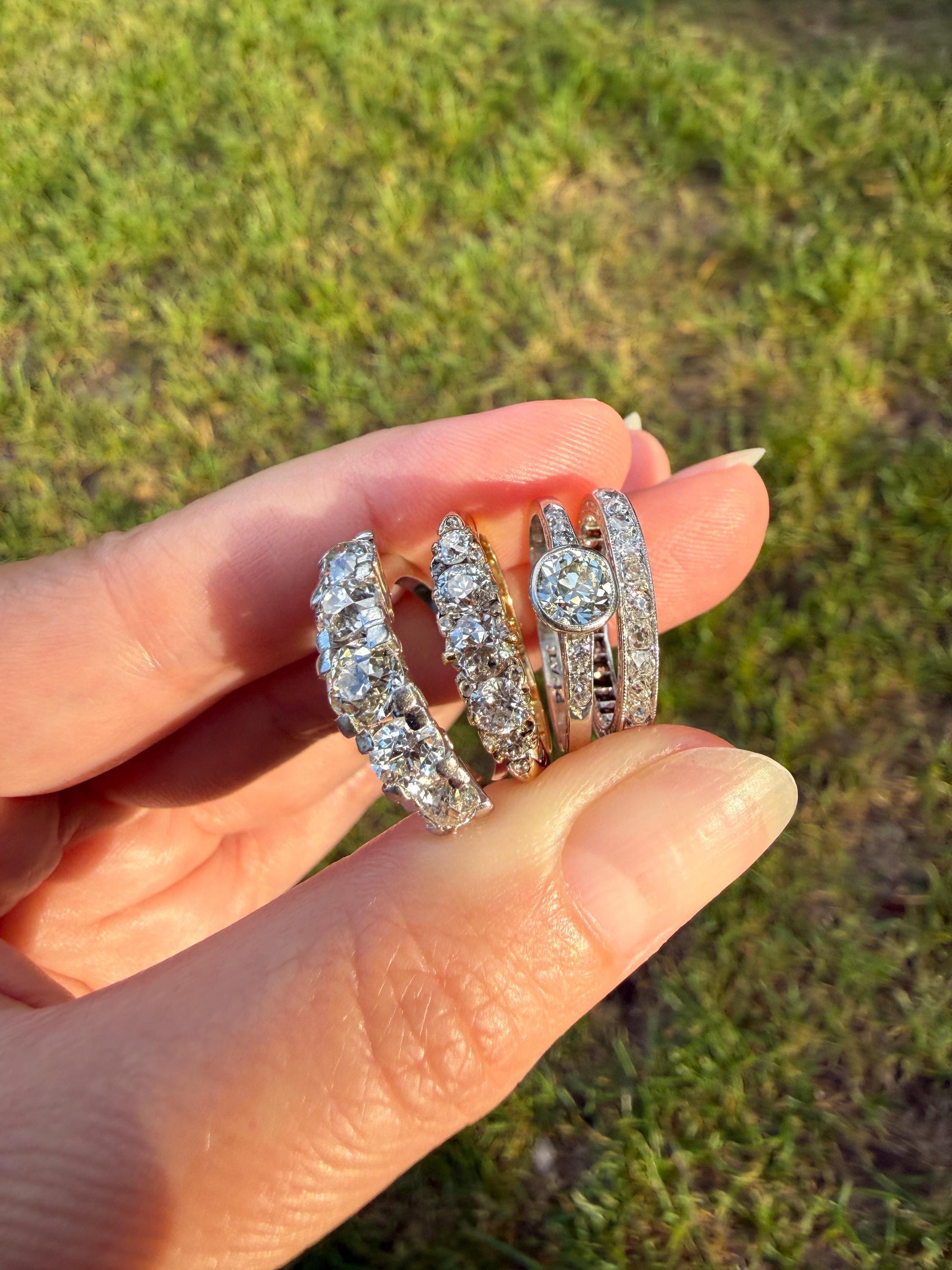 Antique Engraved Old Mine Cut DIAMOND .7 Carat Seven Stone PLATINUM Solitaire with Accents Bezel Set Diamond Band Engagement Ring Stacker