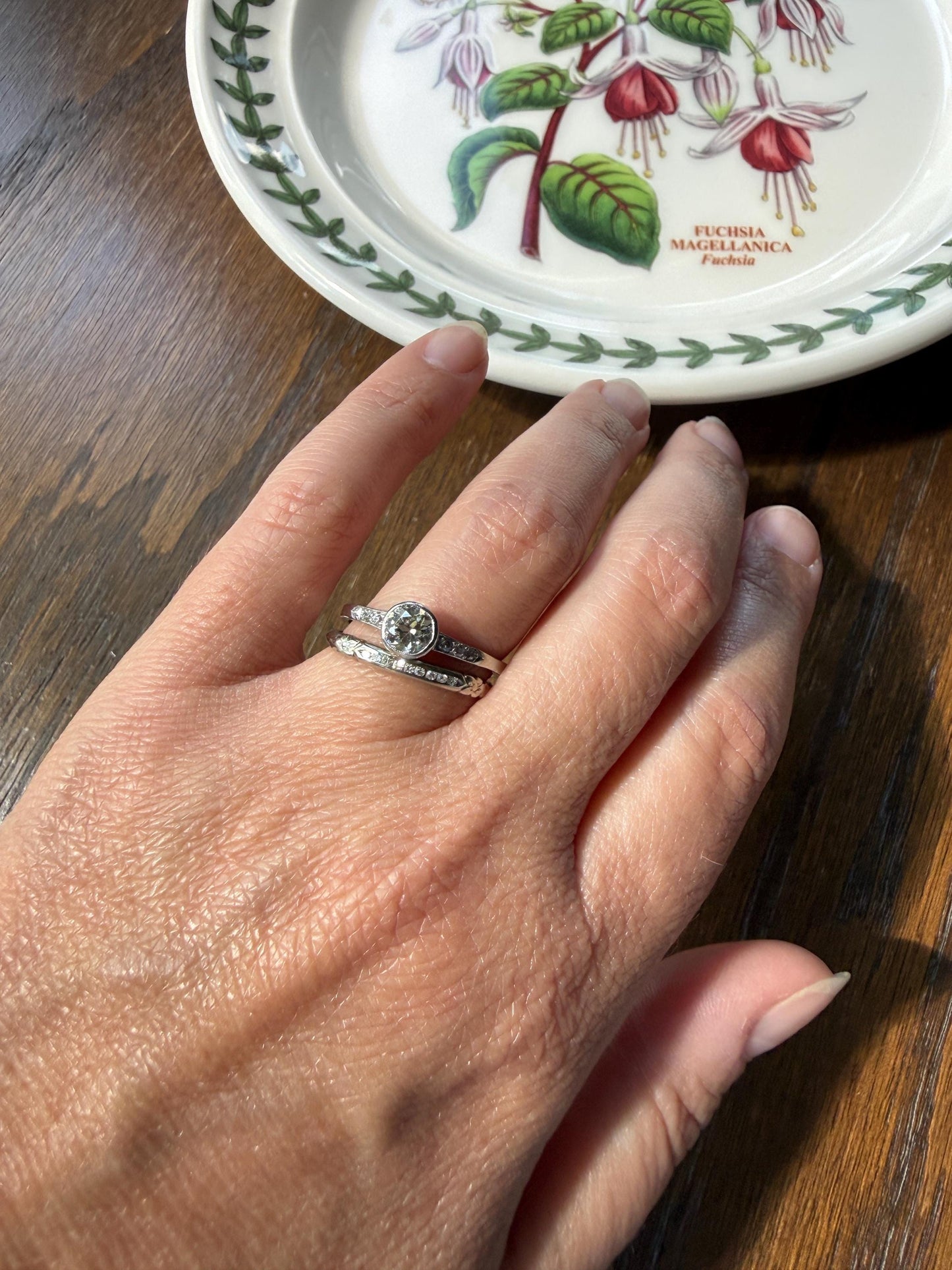 Antique Engraved Old Mine Cut DIAMOND .7 Carat Seven Stone PLATINUM Solitaire with Accents Bezel Set Diamond Band Engagement Ring Stacker