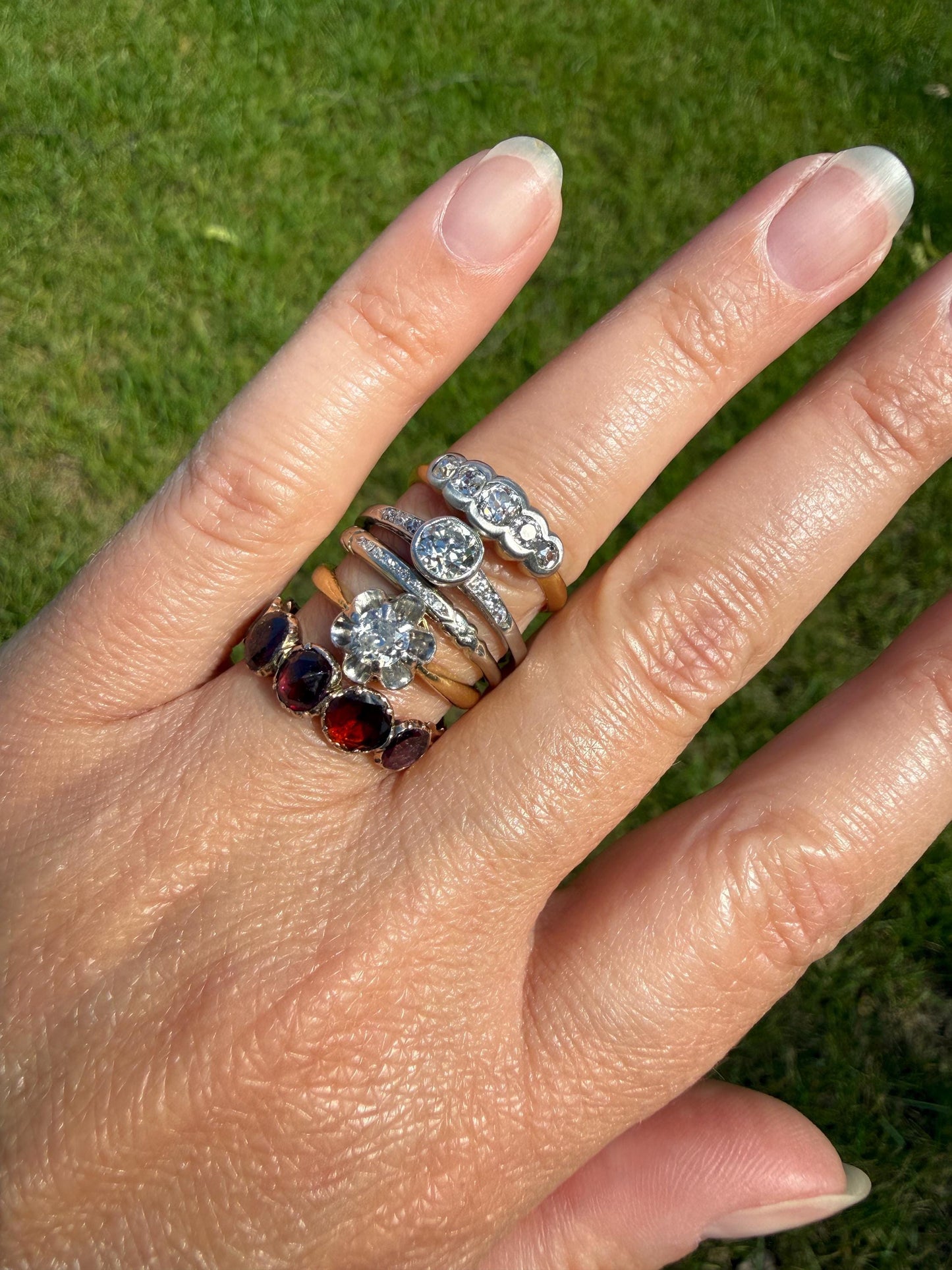 Antique Engraved Old Mine Cut DIAMOND .7 Carat Seven Stone PLATINUM Solitaire with Accents Bezel Set Diamond Band Engagement Ring Stacker