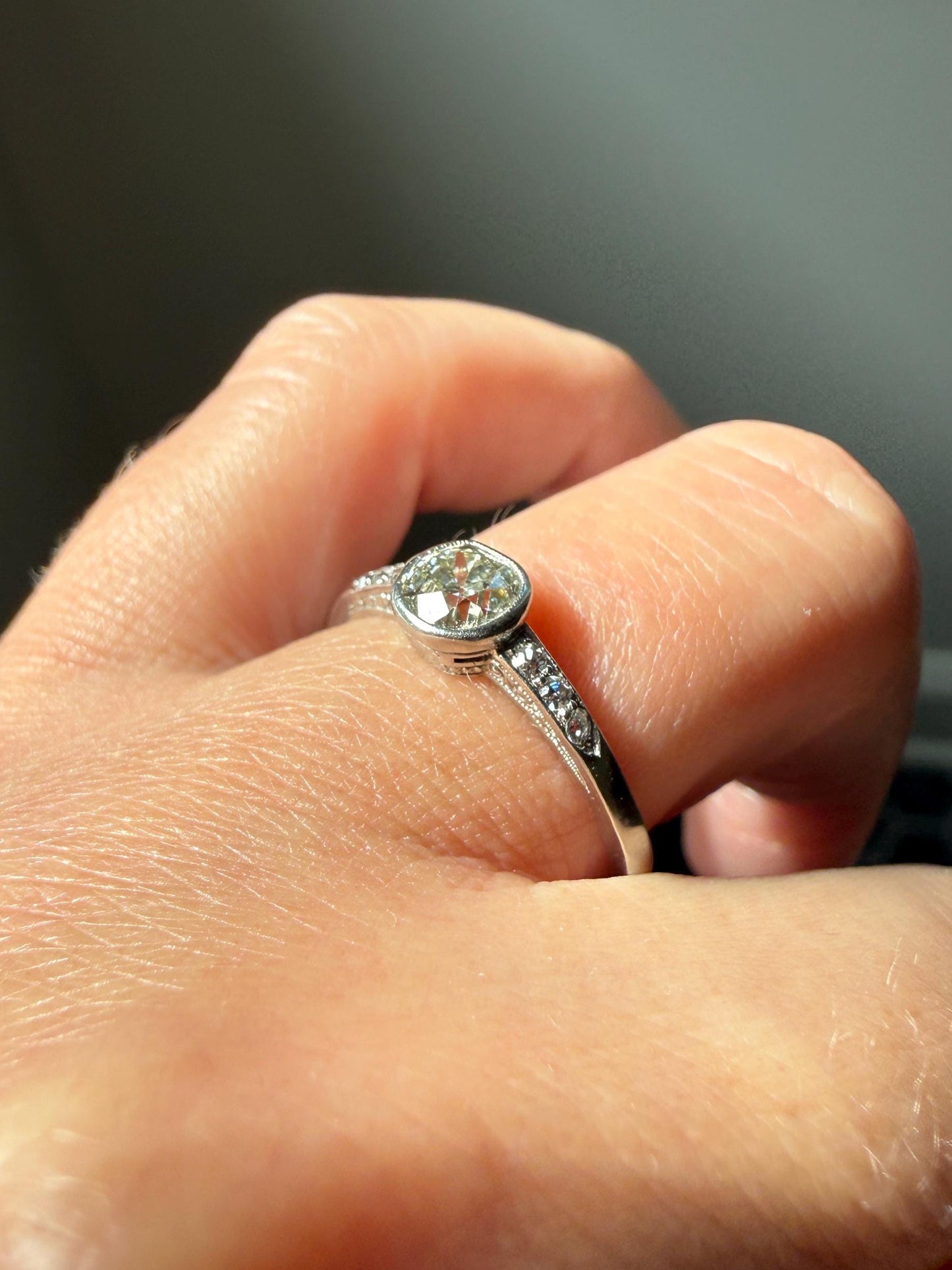 Antique Engraved Old Mine Cut DIAMOND .7 Carat Seven Stone PLATINUM Solitaire with Accents Bezel Set Diamond Band Engagement Ring Stacker