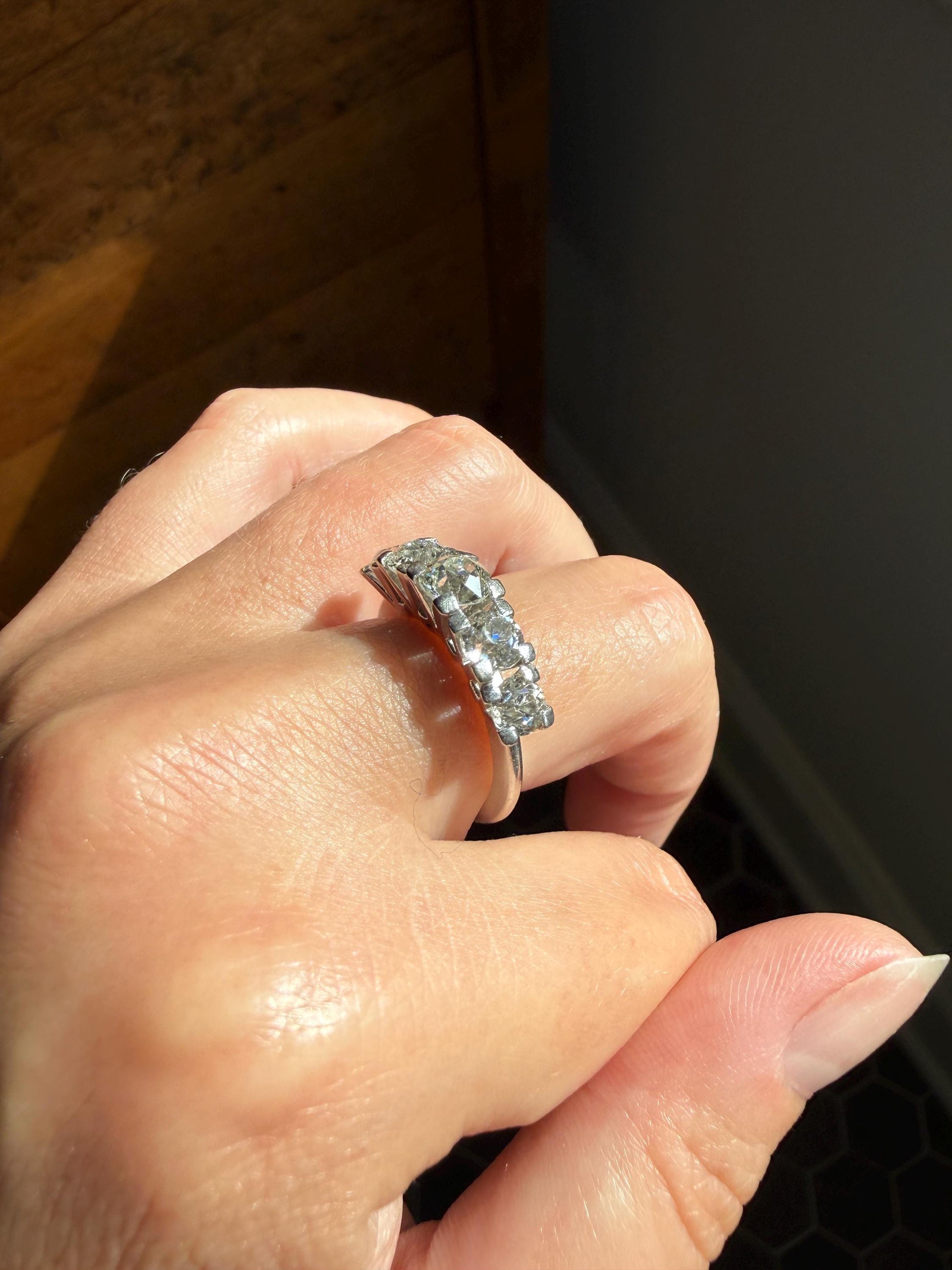 MEGA 2.6 Carat Old Mine Cut DIAMOND Ring 18k White Gold Vintage Band Tall Chunky Stacker Art Deco Wedding OMC Splayed