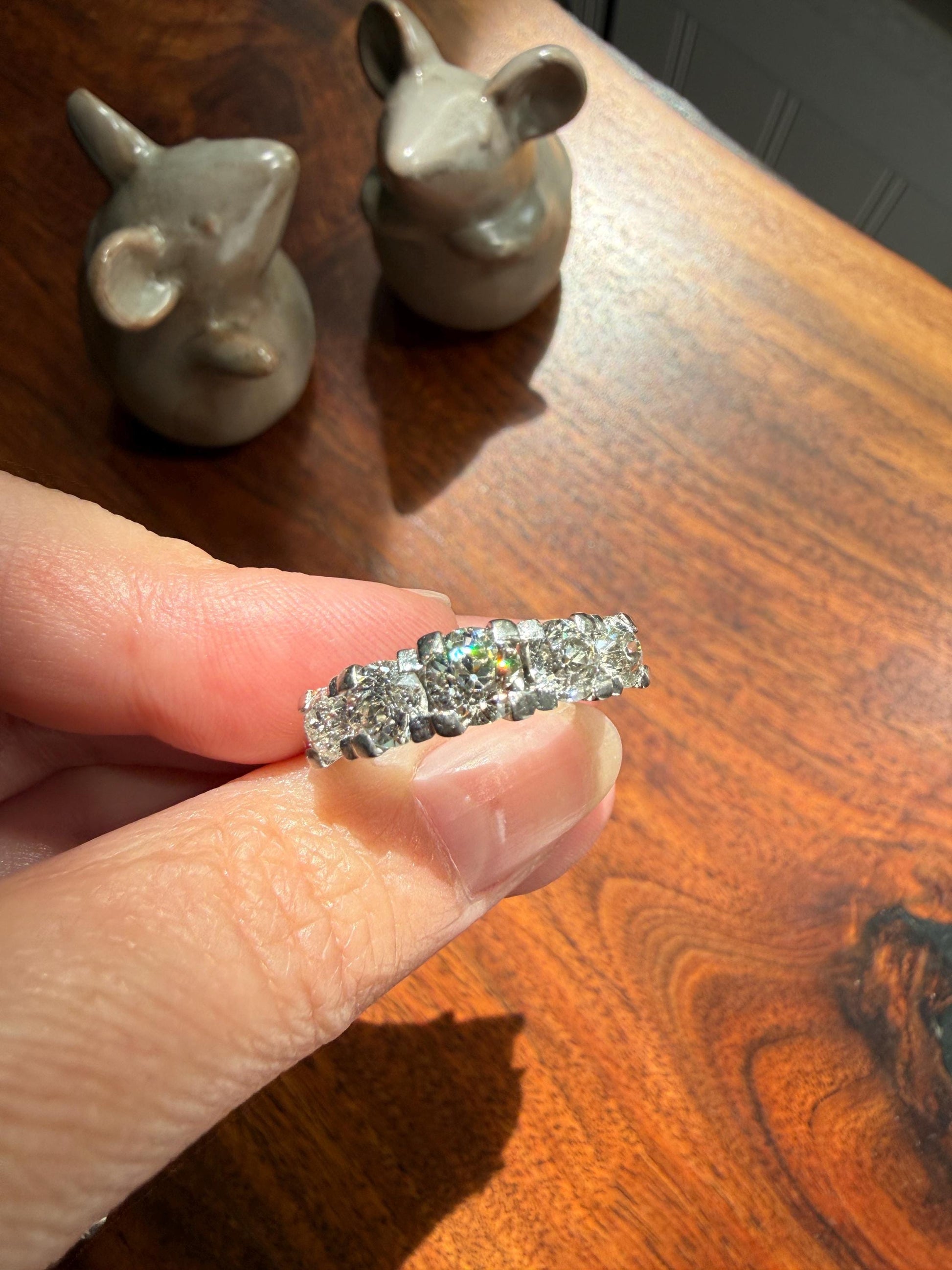 MEGA 2.6 Carat Old Mine Cut DIAMOND Ring 18k White Gold Vintage Band Tall Chunky Stacker Art Deco Wedding OMC Splayed
