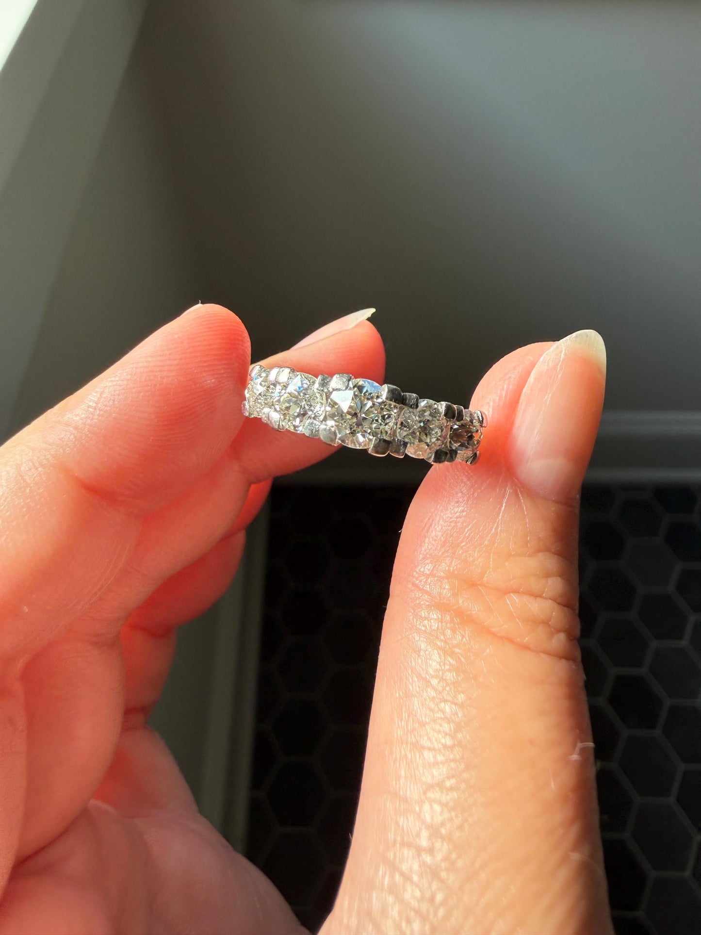 MEGA 2.6 Carat Old Mine Cut DIAMOND Ring 18k White Gold Vintage Band Tall Chunky Stacker Art Deco Wedding OMC Splayed