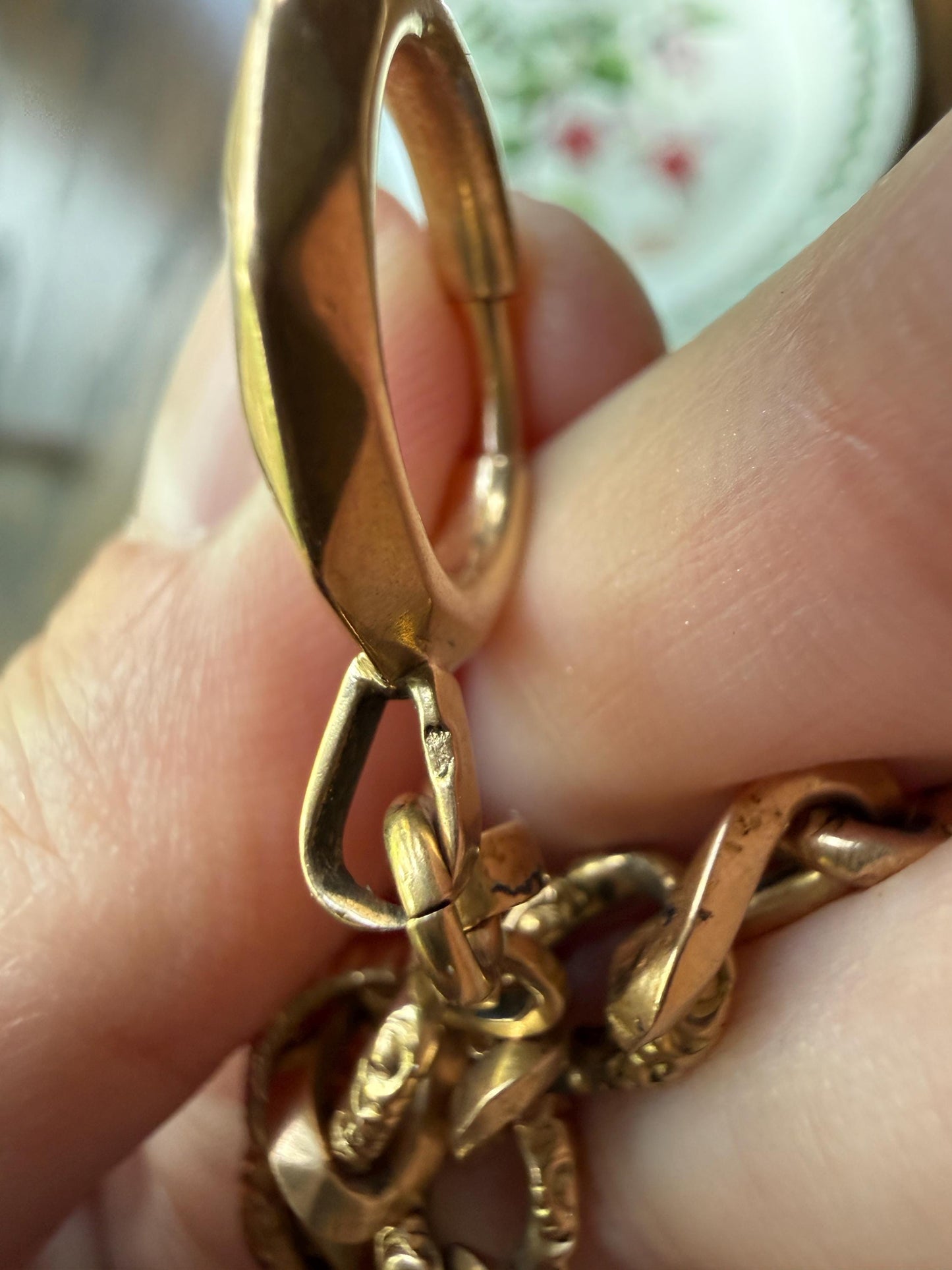 French Antique 14.4g 18k GOLD Solid Curb Embossed Link Watch Chain XL Faceted Spring Ring Dog Clip Extender Bracelet Connector