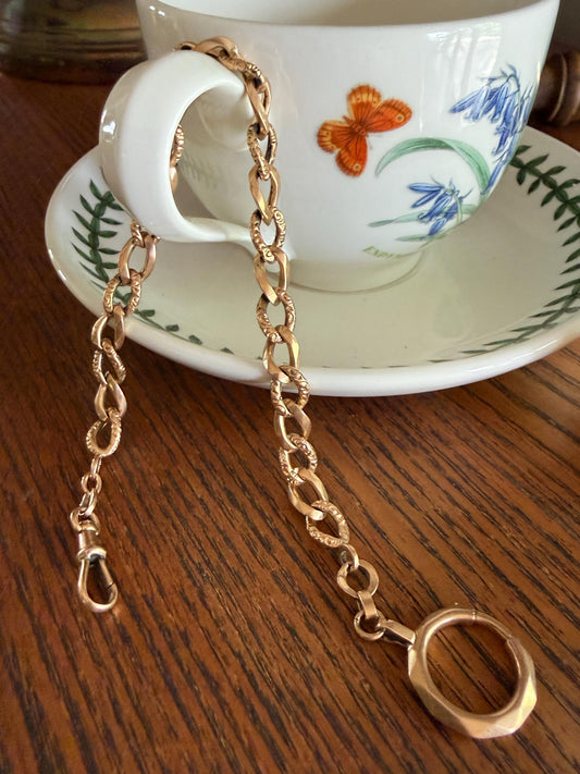 French Antique 14.4g 18k GOLD Solid Curb Embossed Link Watch Chain XL Faceted Spring Ring Dog Clip Extender Bracelet Connector