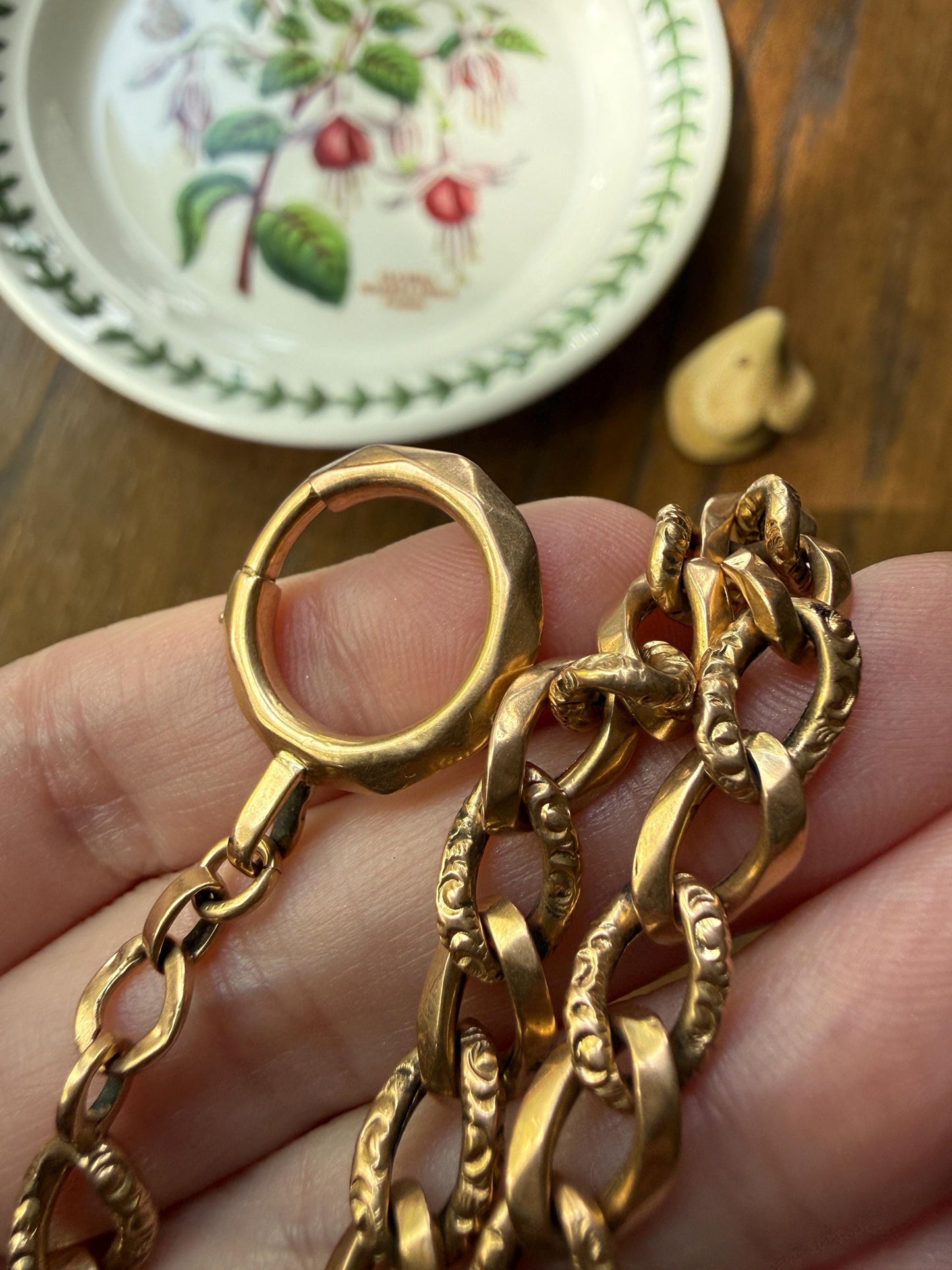 French Antique 14.4g 18k GOLD Solid Curb Embossed Link Watch Chain XL Faceted Spring Ring Dog Clip Extender Bracelet Connector