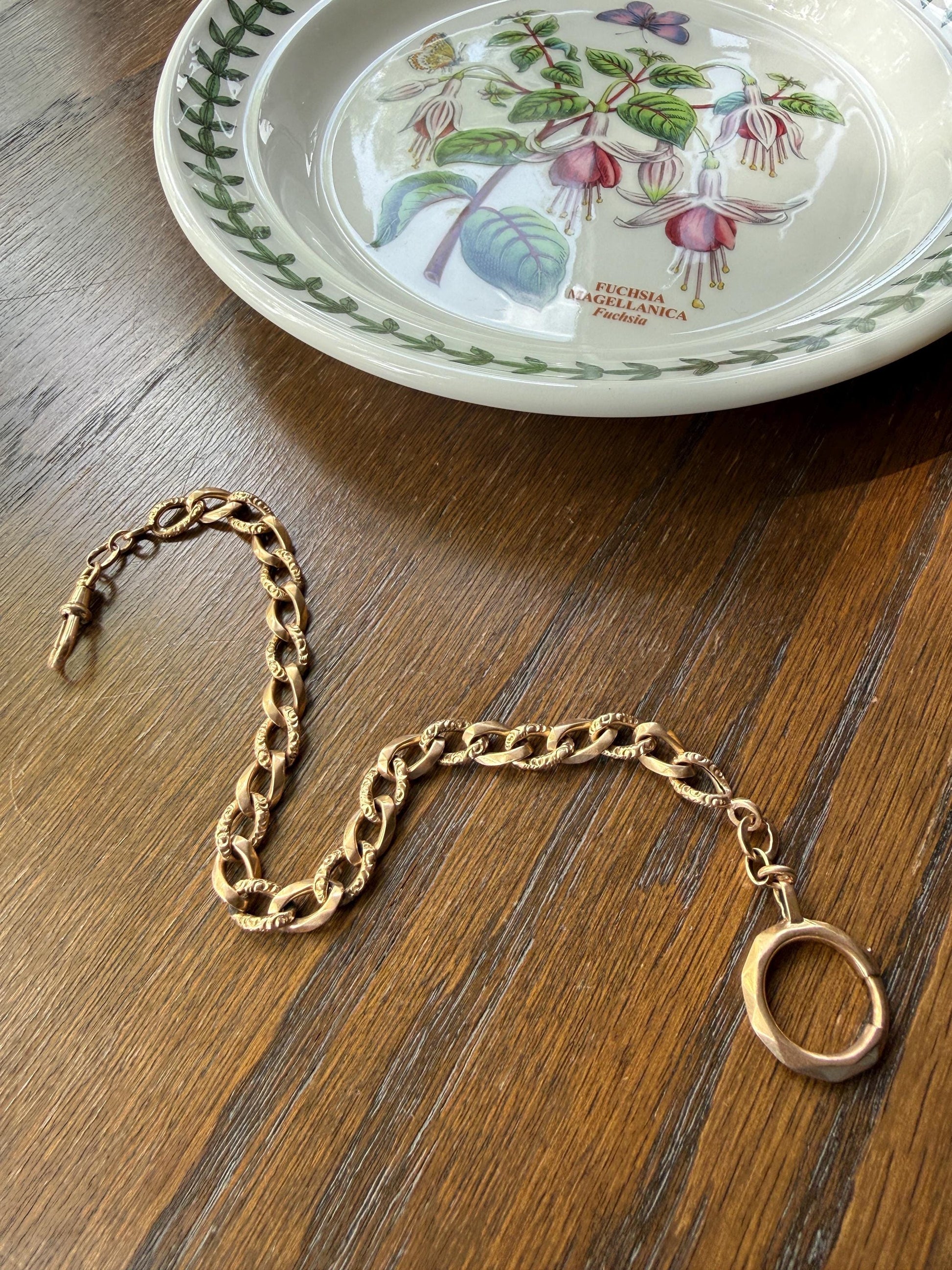 French Antique 14.4g 18k GOLD Solid Curb Embossed Link Watch Chain XL Faceted Spring Ring Dog Clip Extender Bracelet Connector