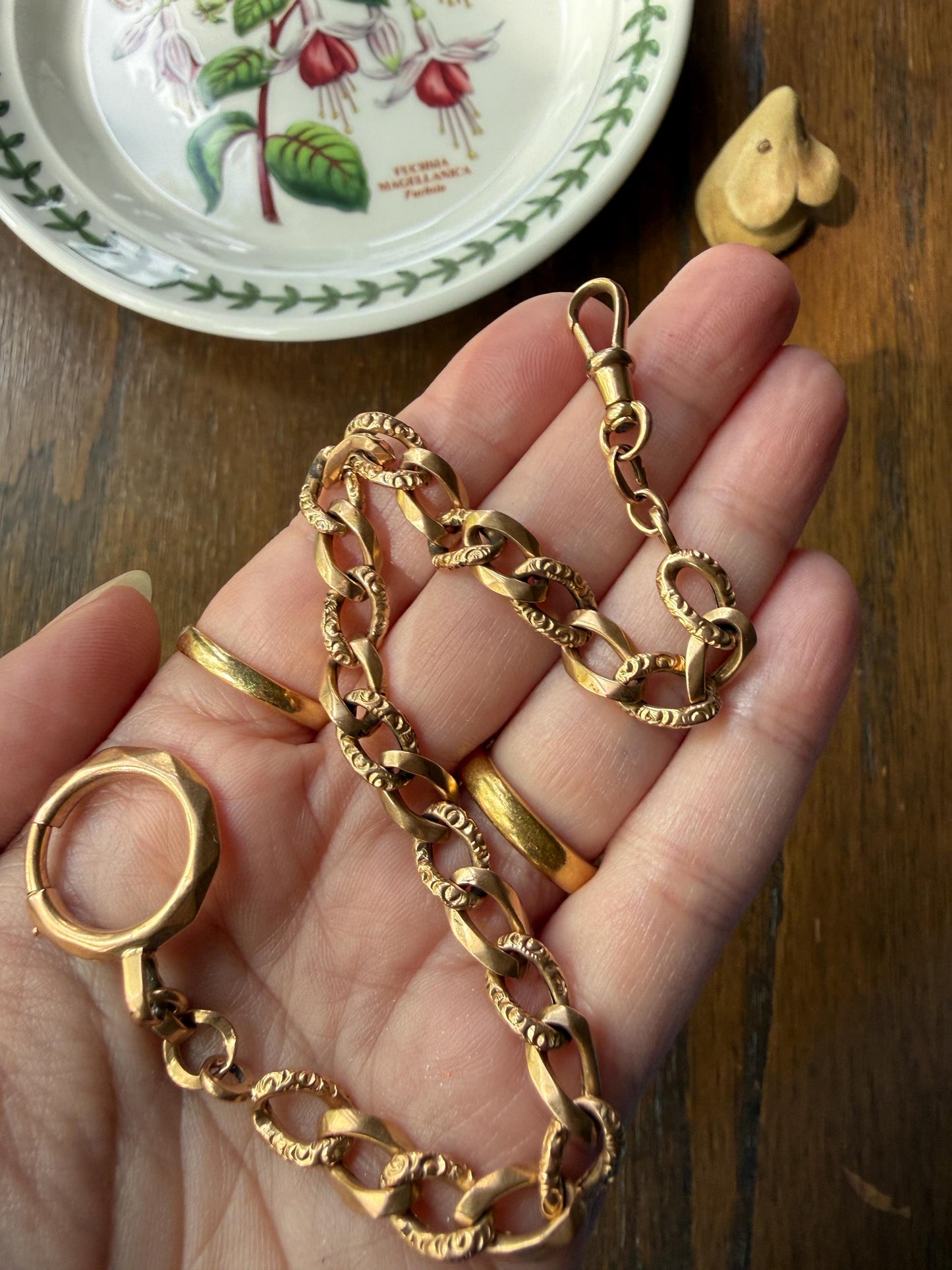 French Antique 14.4g 18k GOLD Solid Curb Embossed Link Watch Chain XL Faceted Spring Ring Dog Clip Extender Bracelet Connector