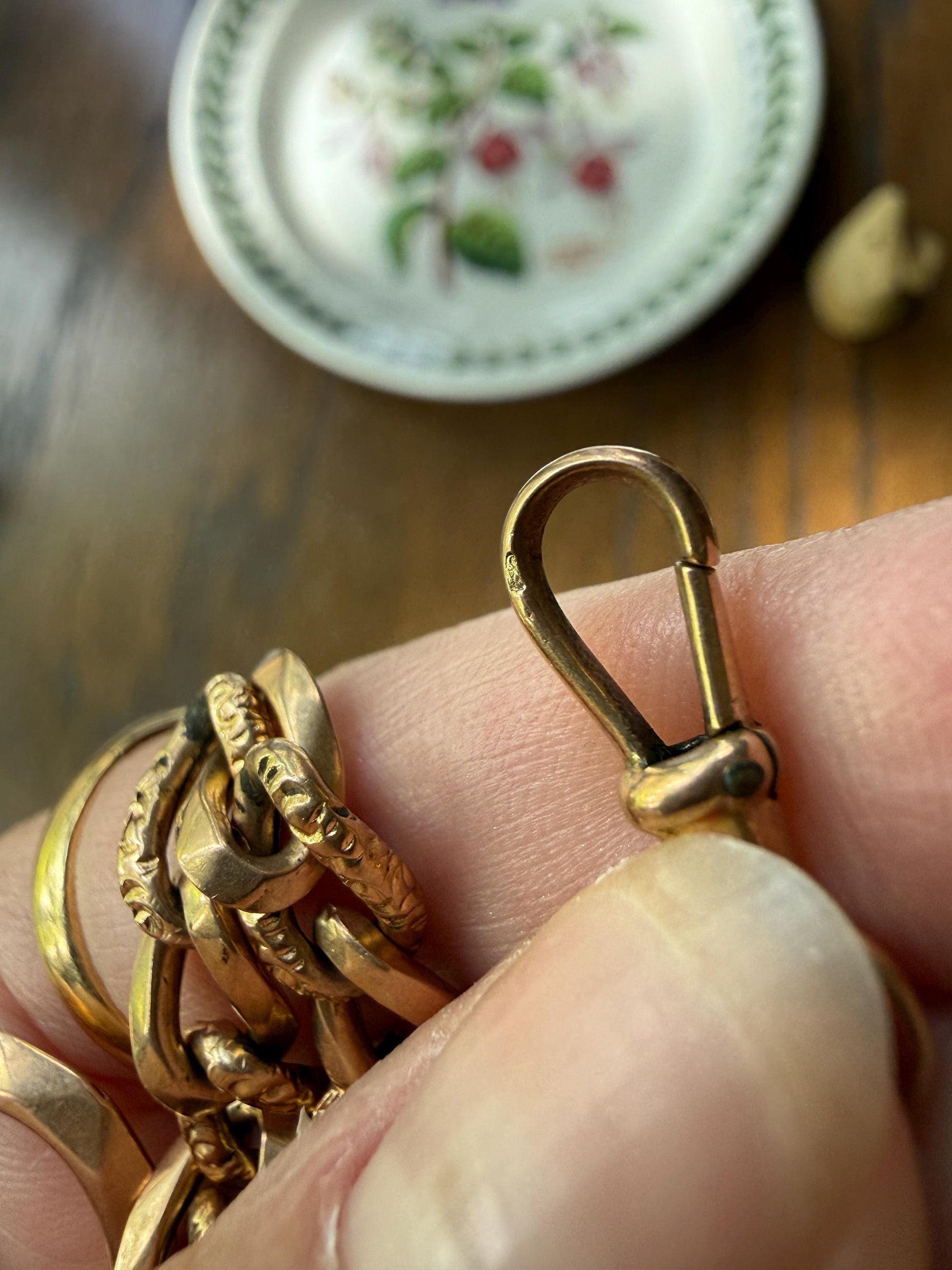 French Antique 14.4g 18k GOLD Solid Curb Embossed Link Watch Chain XL Faceted Spring Ring Dog Clip Extender Bracelet Connector