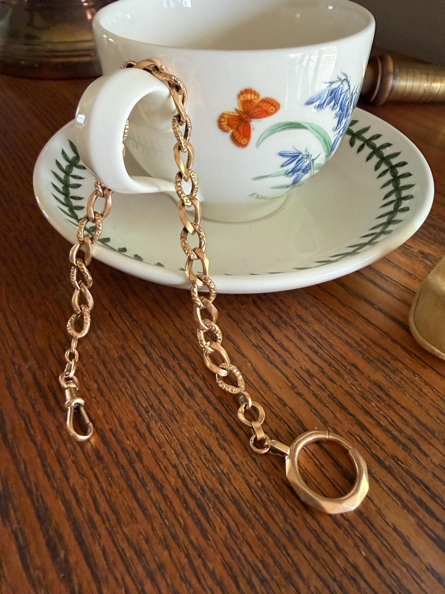 French Antique 14.4g 18k GOLD Solid Curb Embossed Link Watch Chain XL Faceted Spring Ring Dog Clip Extender Bracelet Connector