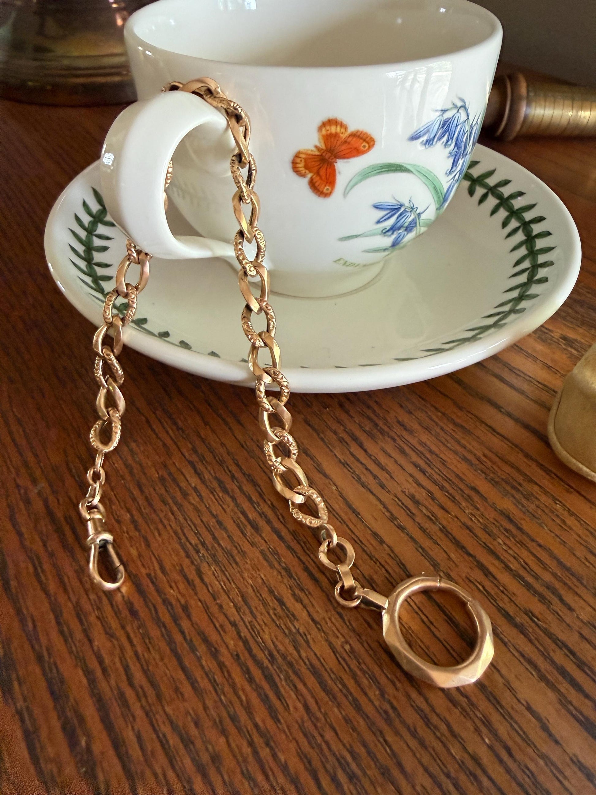 French Antique 14.4g 18k GOLD Solid Curb Embossed Link Watch Chain XL Faceted Spring Ring Dog Clip Extender Bracelet Connector