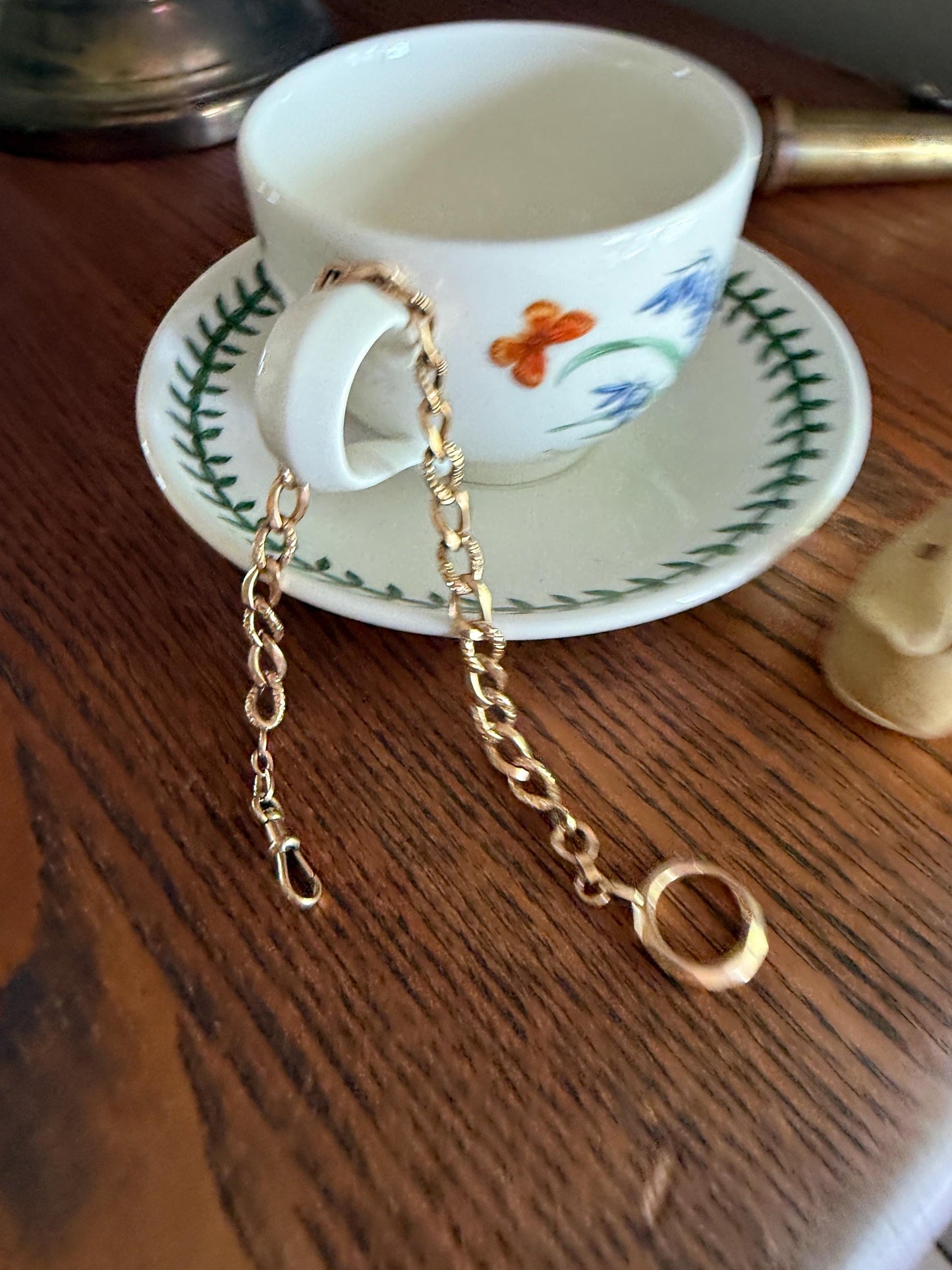 French Antique 14.4g 18k GOLD Solid Curb Embossed Link Watch Chain XL Faceted Spring Ring Dog Clip Extender Bracelet Connector