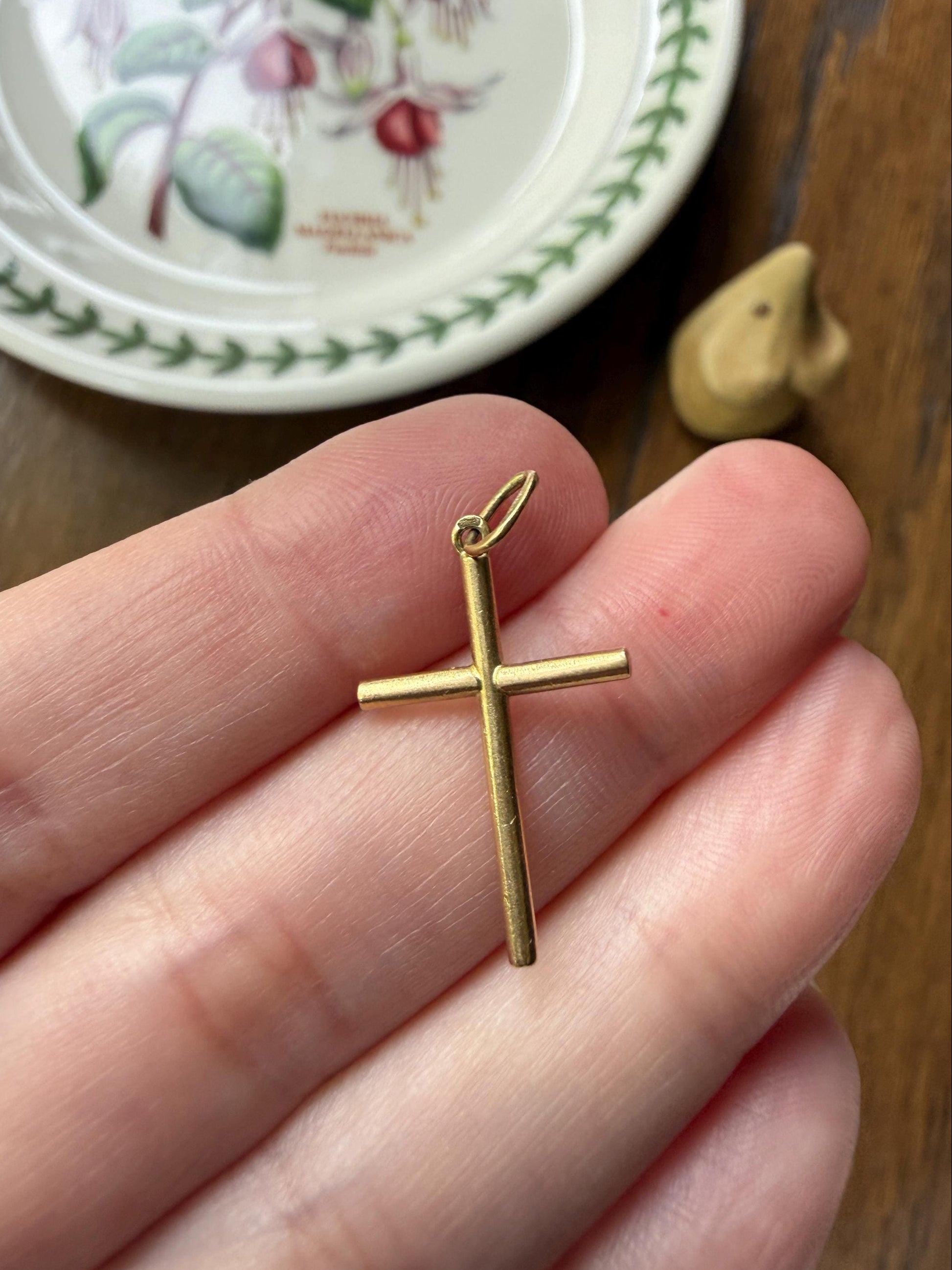 French Vintage to Antique 18k Gold Cross Pendant Necklace Dainty Minimalist Religious Gift Christian