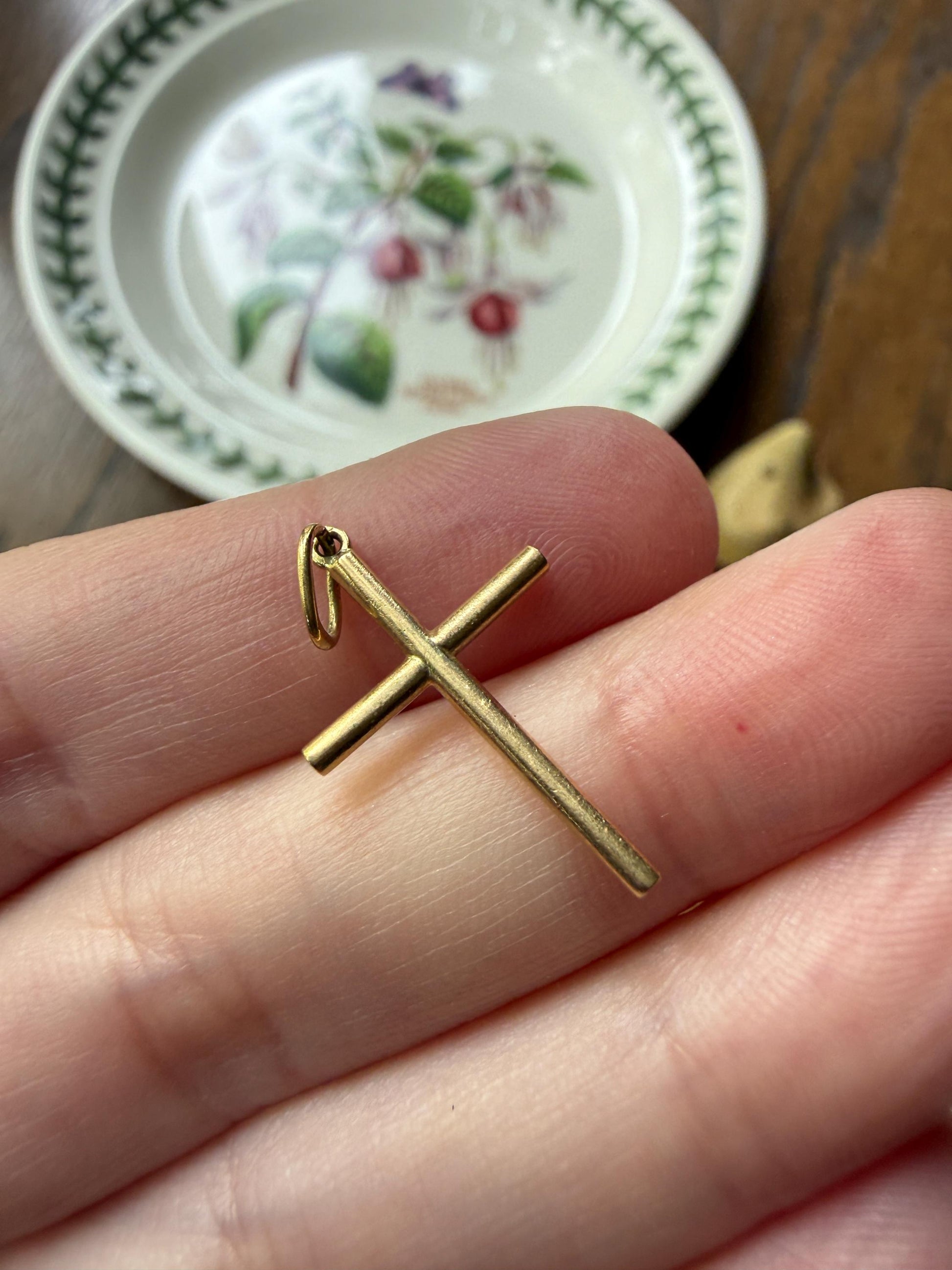 French Vintage to Antique 18k Gold Cross Pendant Necklace Dainty Minimalist Religious Gift Christian