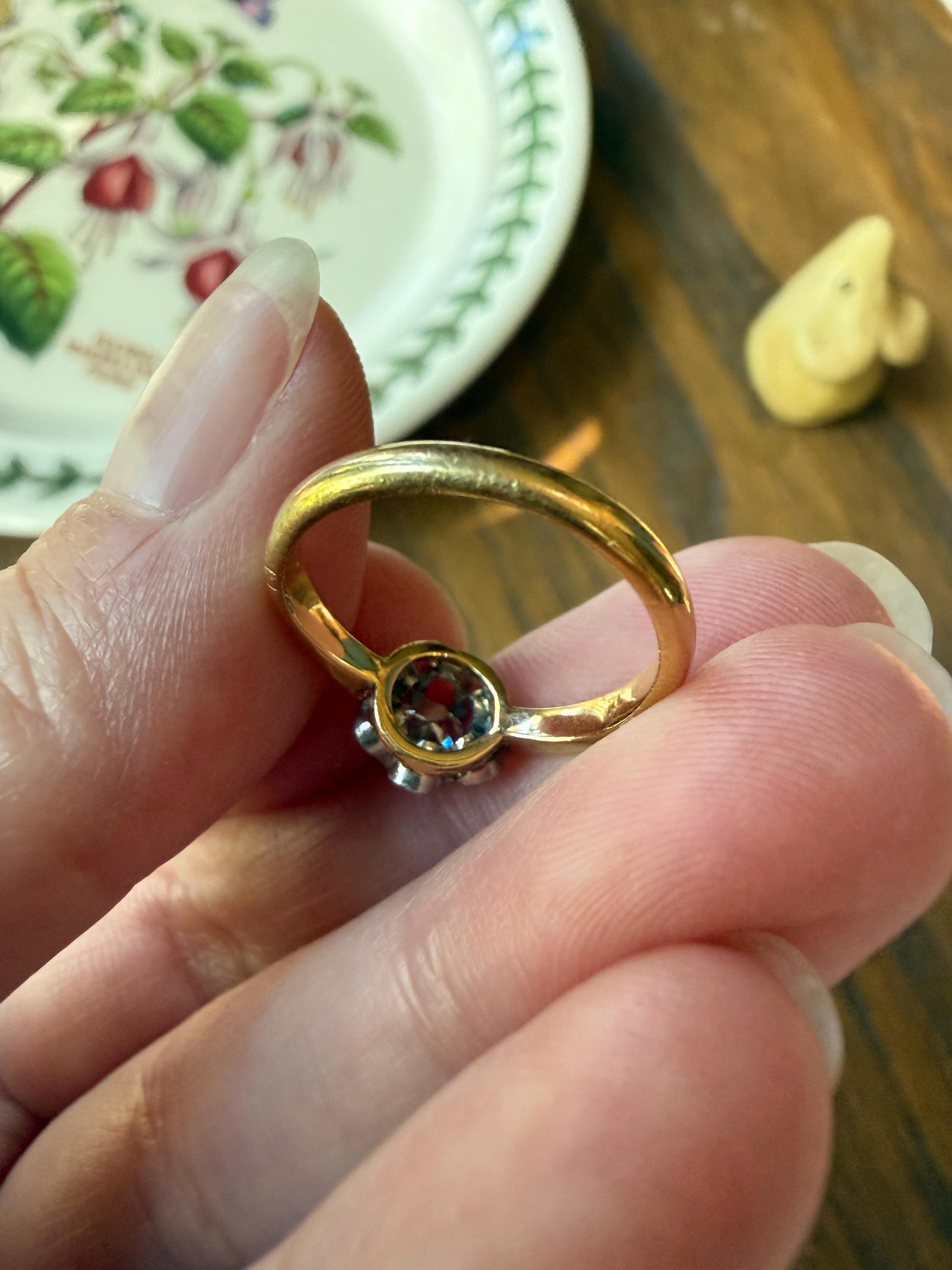 Antique Old Mine Cut Diamond Solitaire Ring French Victorian Period Hallmark 18k Gold Engagement Stacker Ruffled Halo