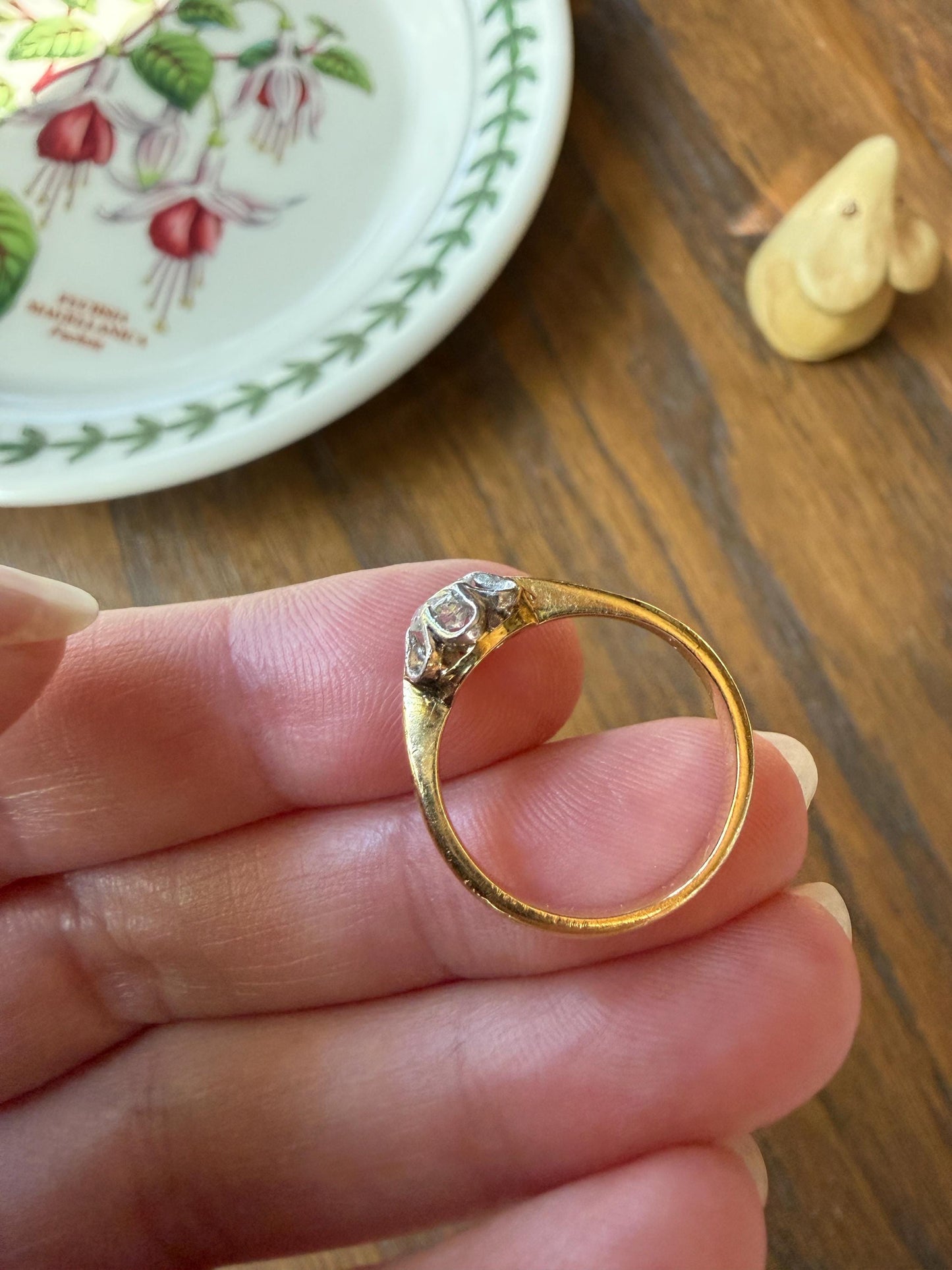 Antique Old Mine Cut Diamond Solitaire Ring French Victorian Period Hallmark 18k Gold Engagement Stacker Ruffled Halo