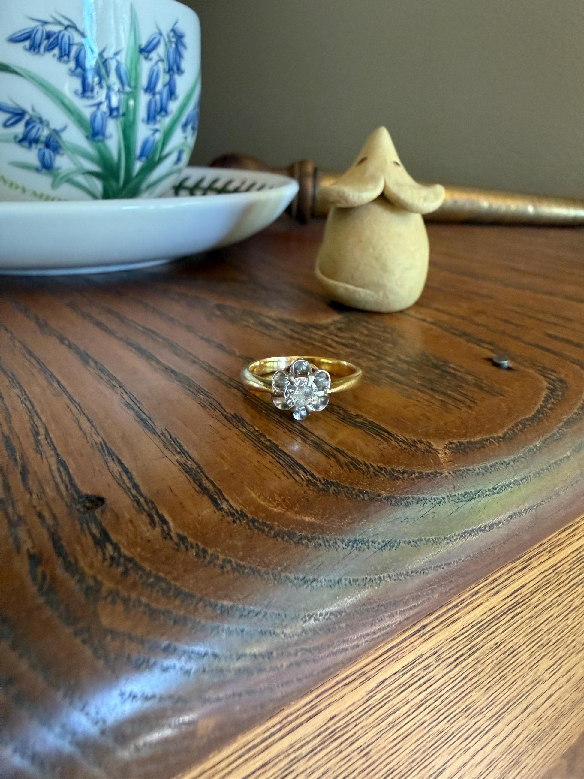 Antique Old Mine Cut Diamond Solitaire Ring French Victorian Period Hallmark 18k Gold Engagement Stacker Ruffled Halo