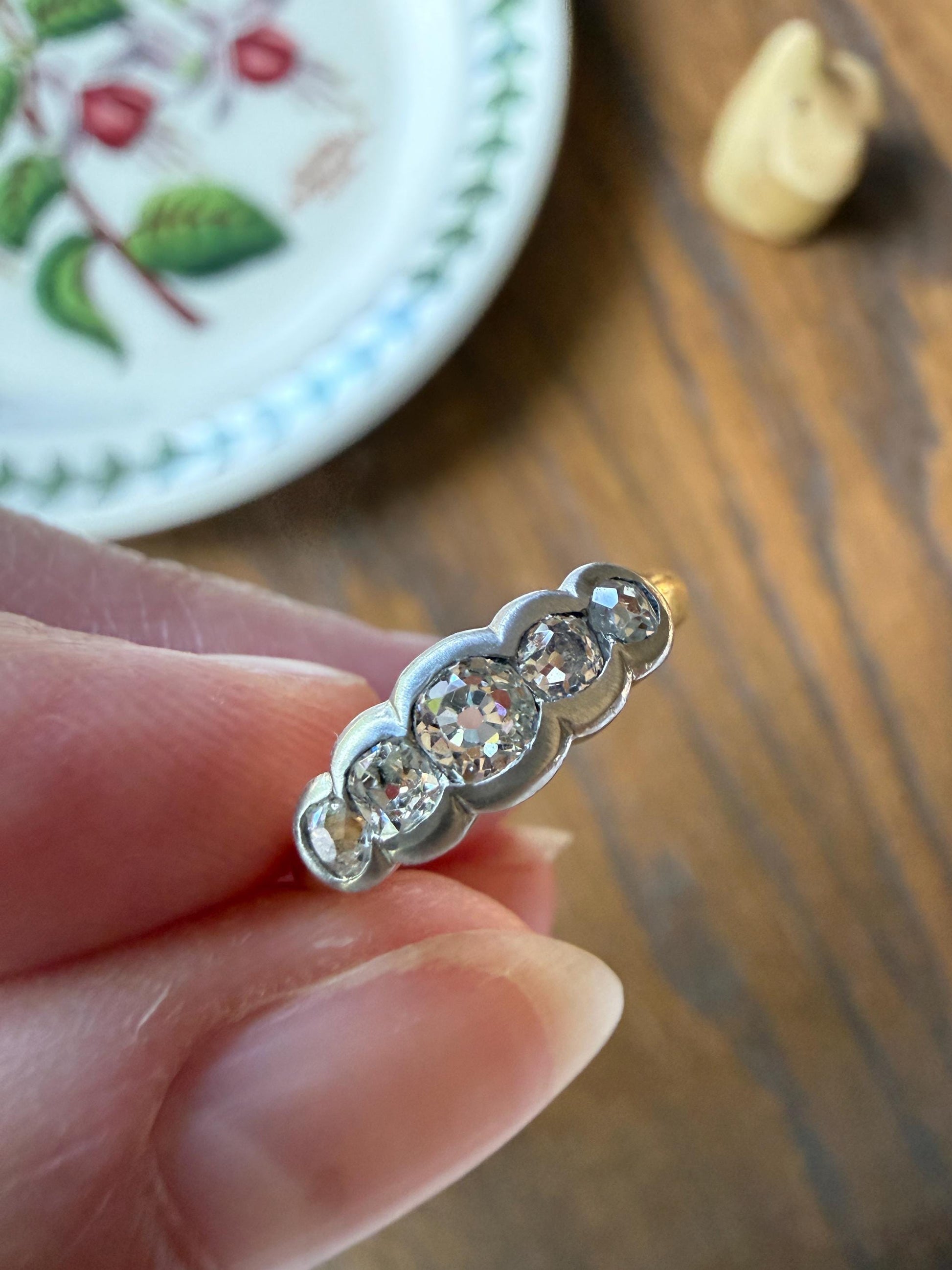 Antique Old Mine Cut DIAMOND Natural Five Stone Ring French 18k Gold Solid & Platinum Bezel Set Stacker Band Victorian Belle Epoque